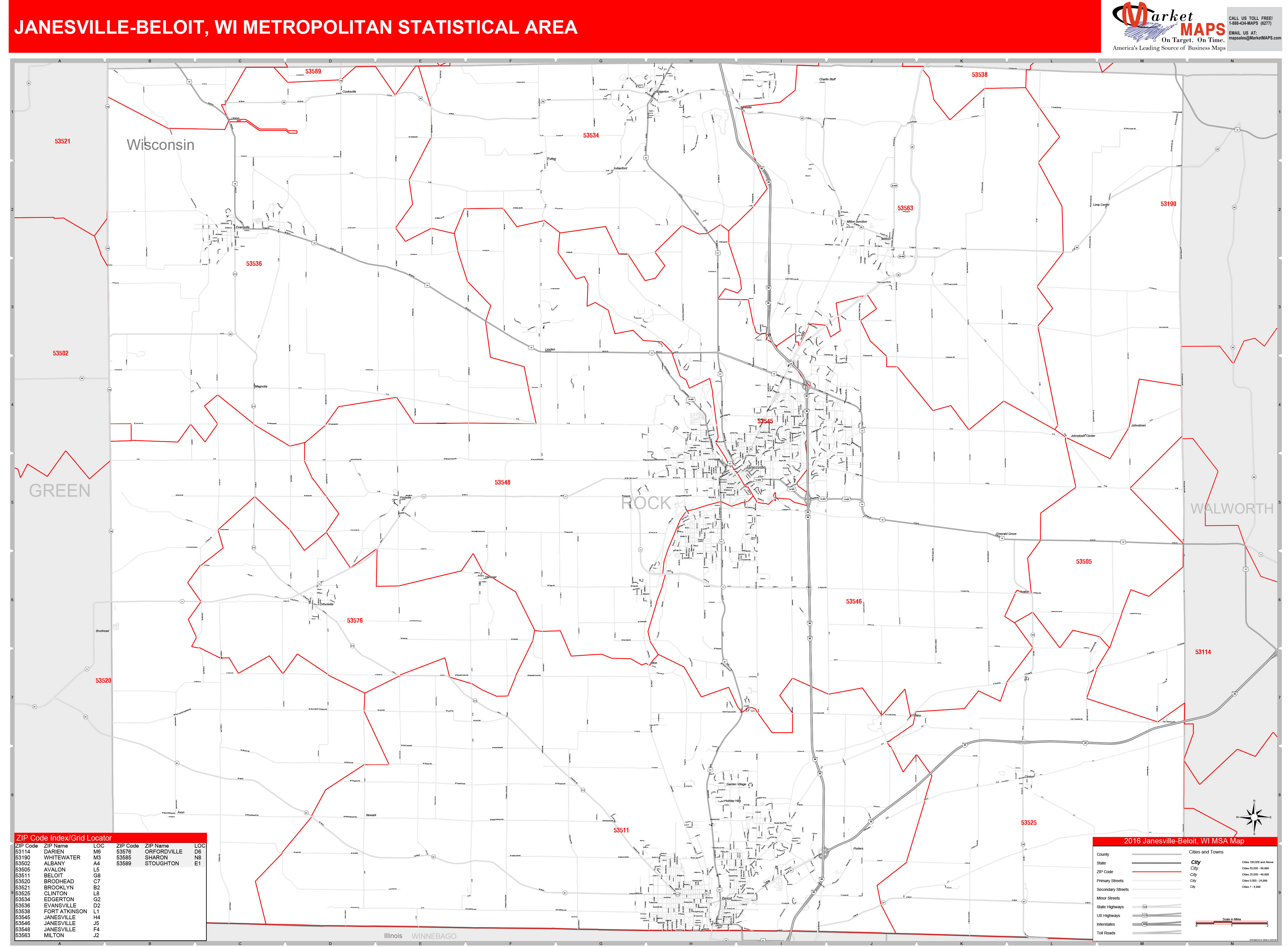 JanesvilleBeloit, WI Metro Area Wall Map Red Line Style by MarketMAPS