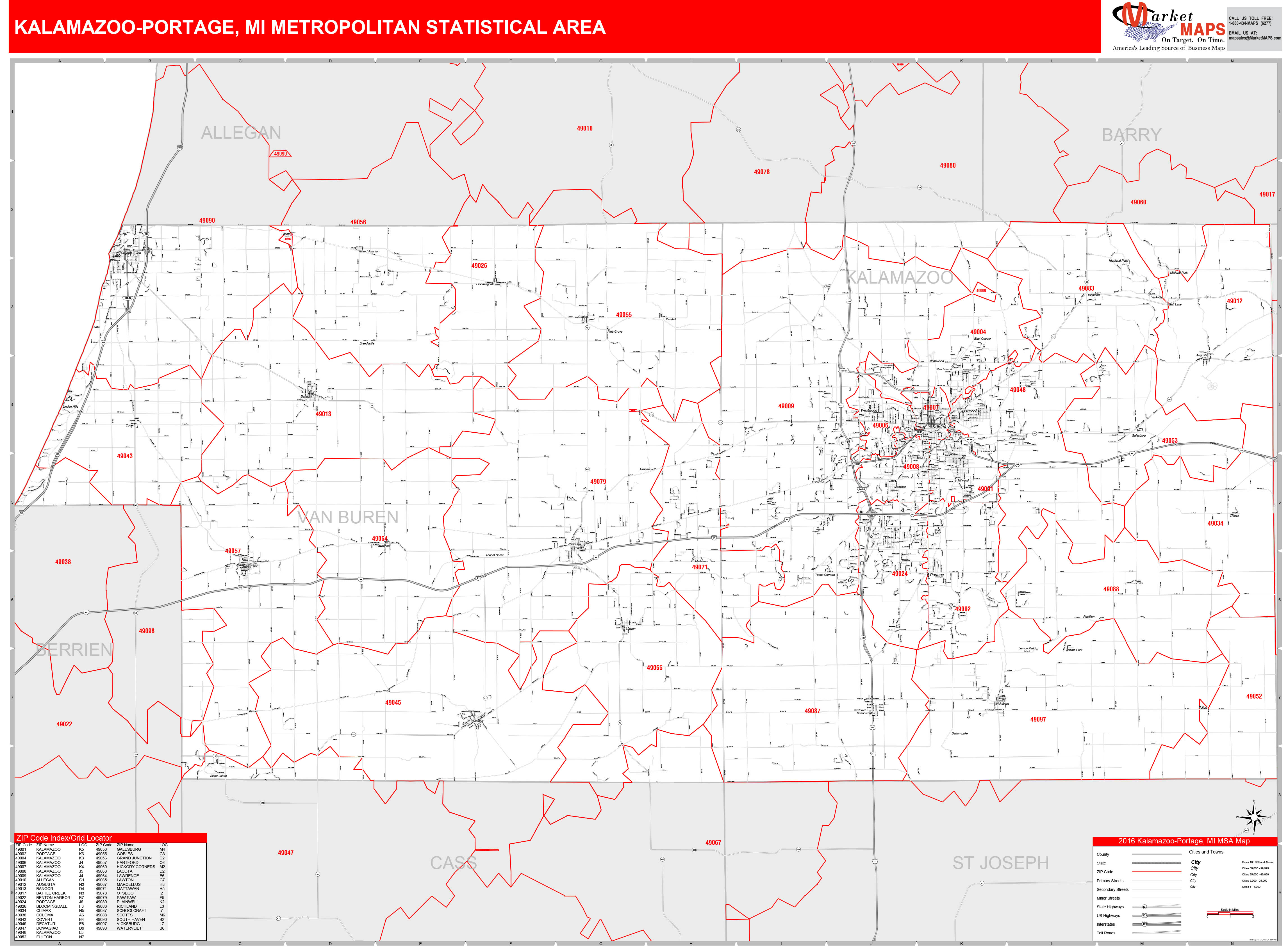 KalamazooPortage, MI Metro Area Wall Map Red Line Style by MarketMAPS