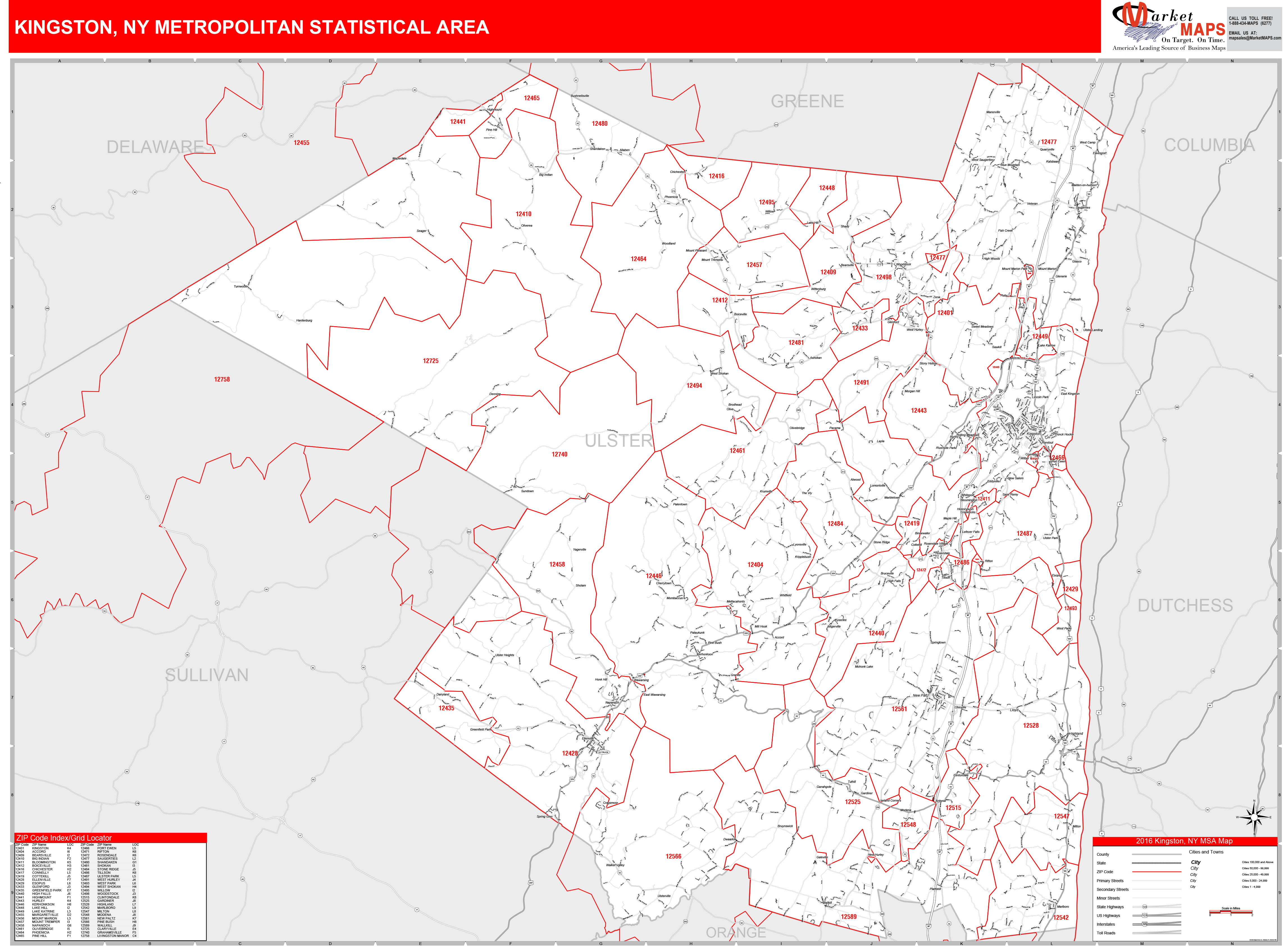 Kingston, NY Metro Area Wall Map Red Line Style by MarketMAPS MapSales