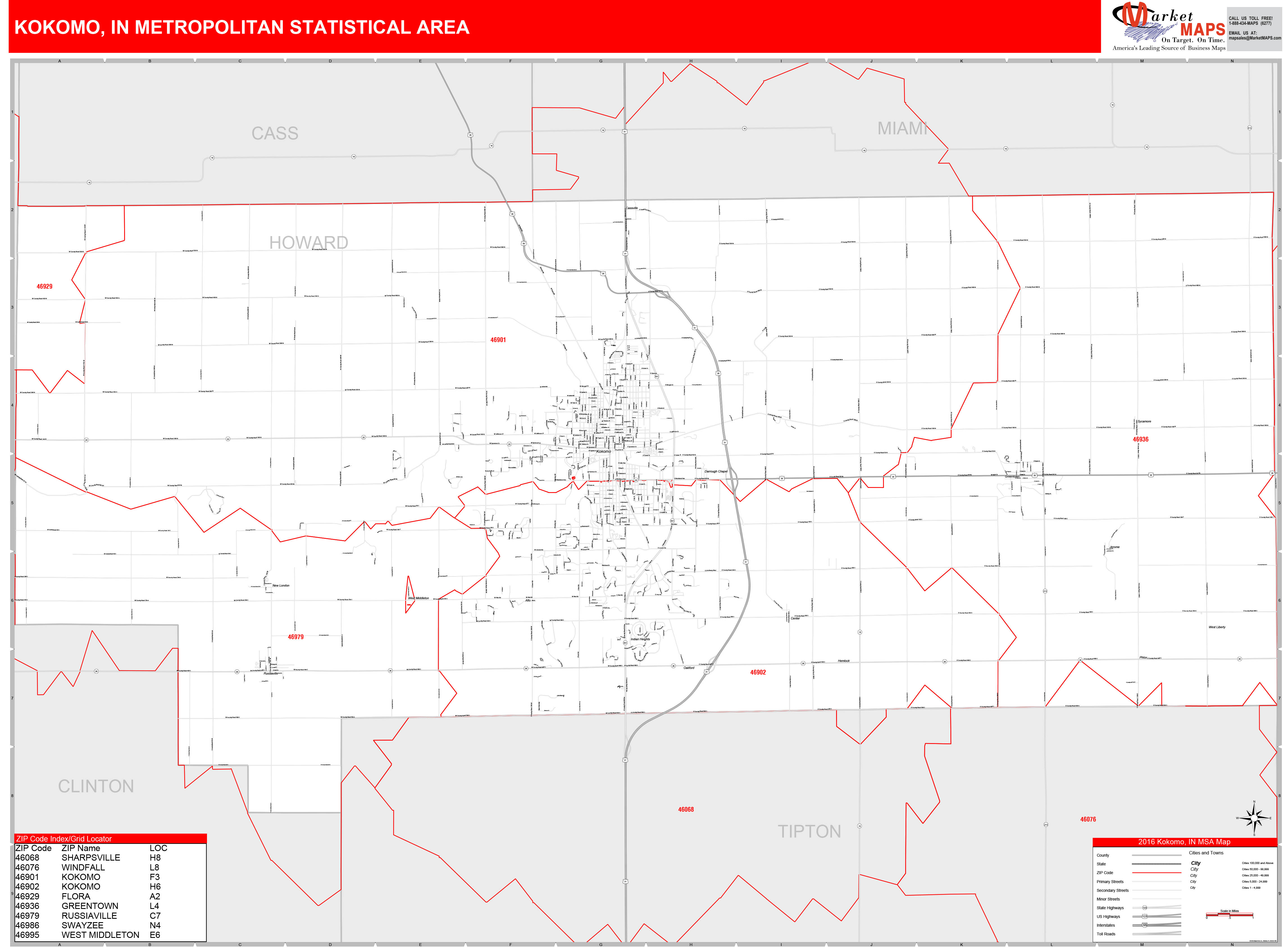 Kokomo, IN Metro Area Wall Map Red Line Style by MarketMAPS