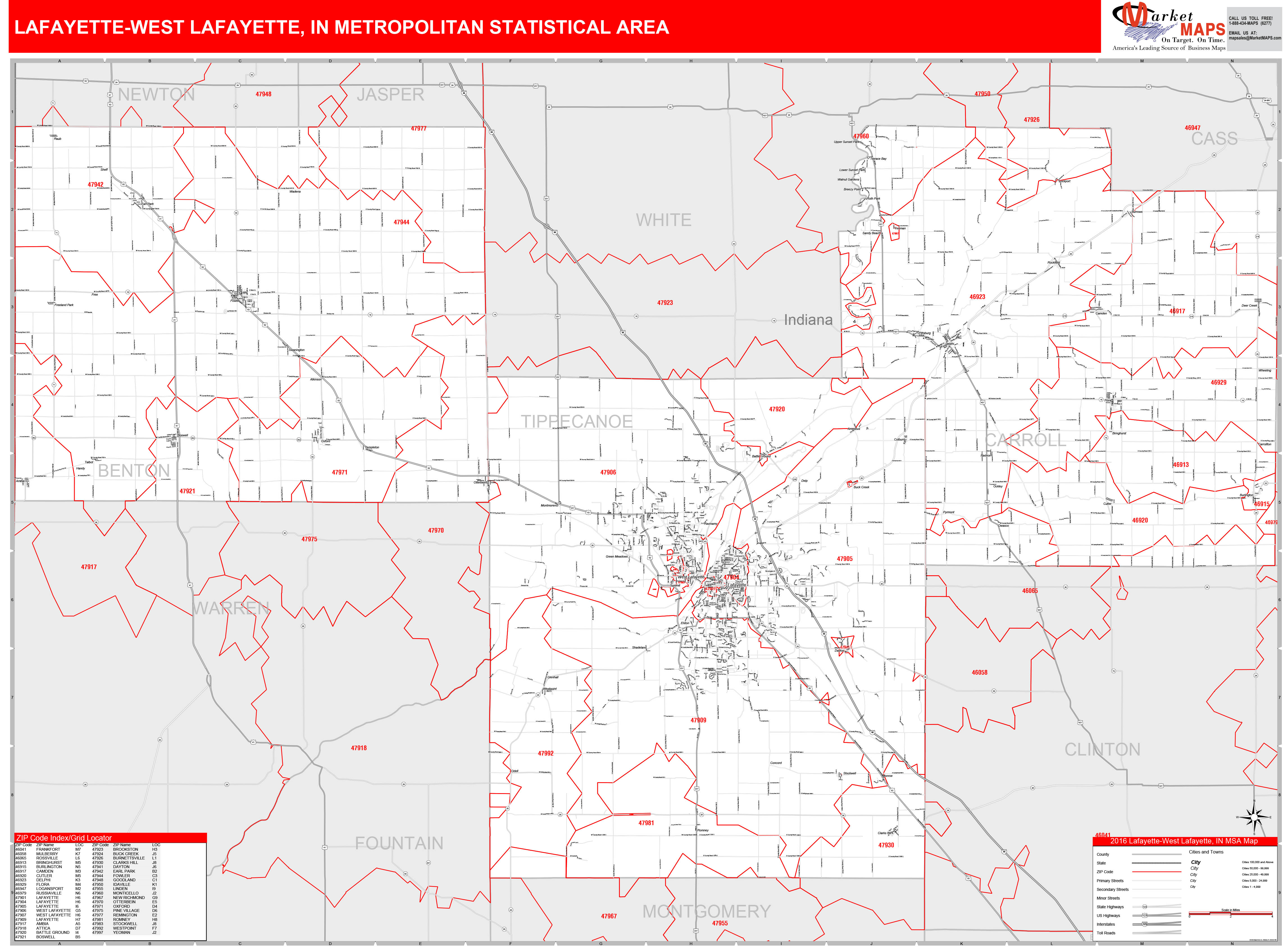 LafayetteWest Lafayette, IN Metro Area Wall Map Red Line Style by