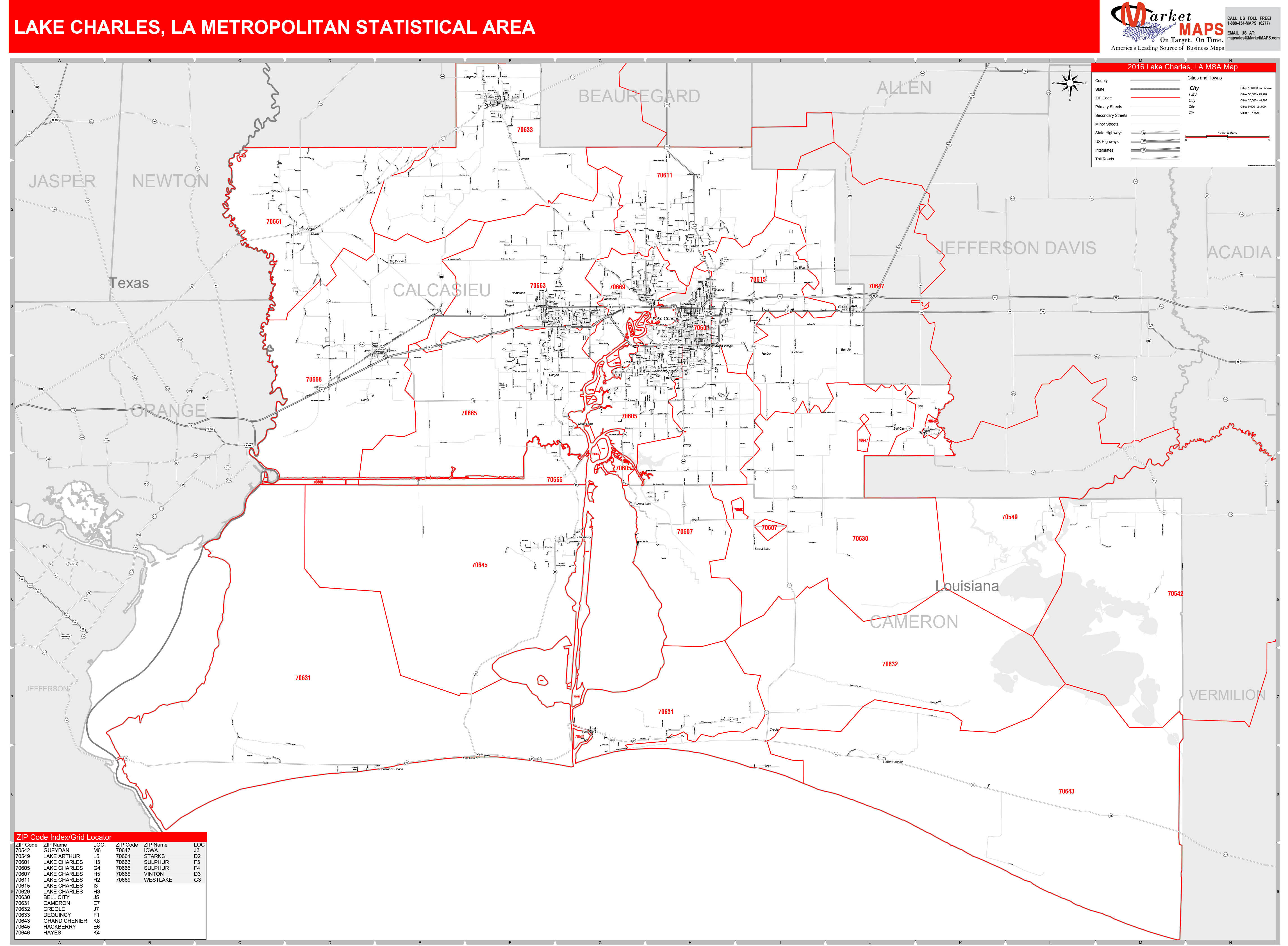 Lake Charles, LA Metro Area Wall Map Red Line Style by MarketMAPS