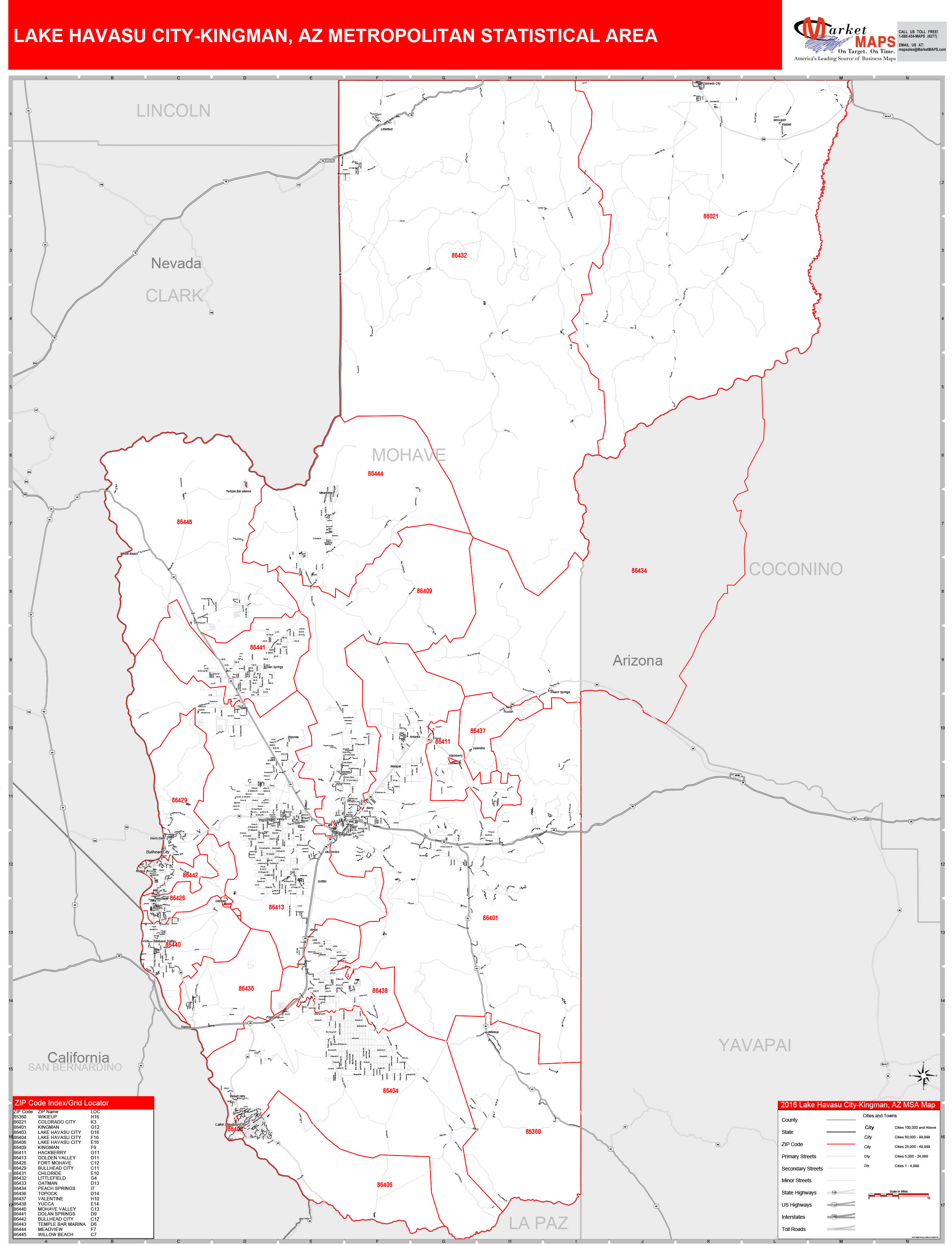 Lake Havasu City-Kingman, AZ Metro Area Wall Map Red Line Style by ...