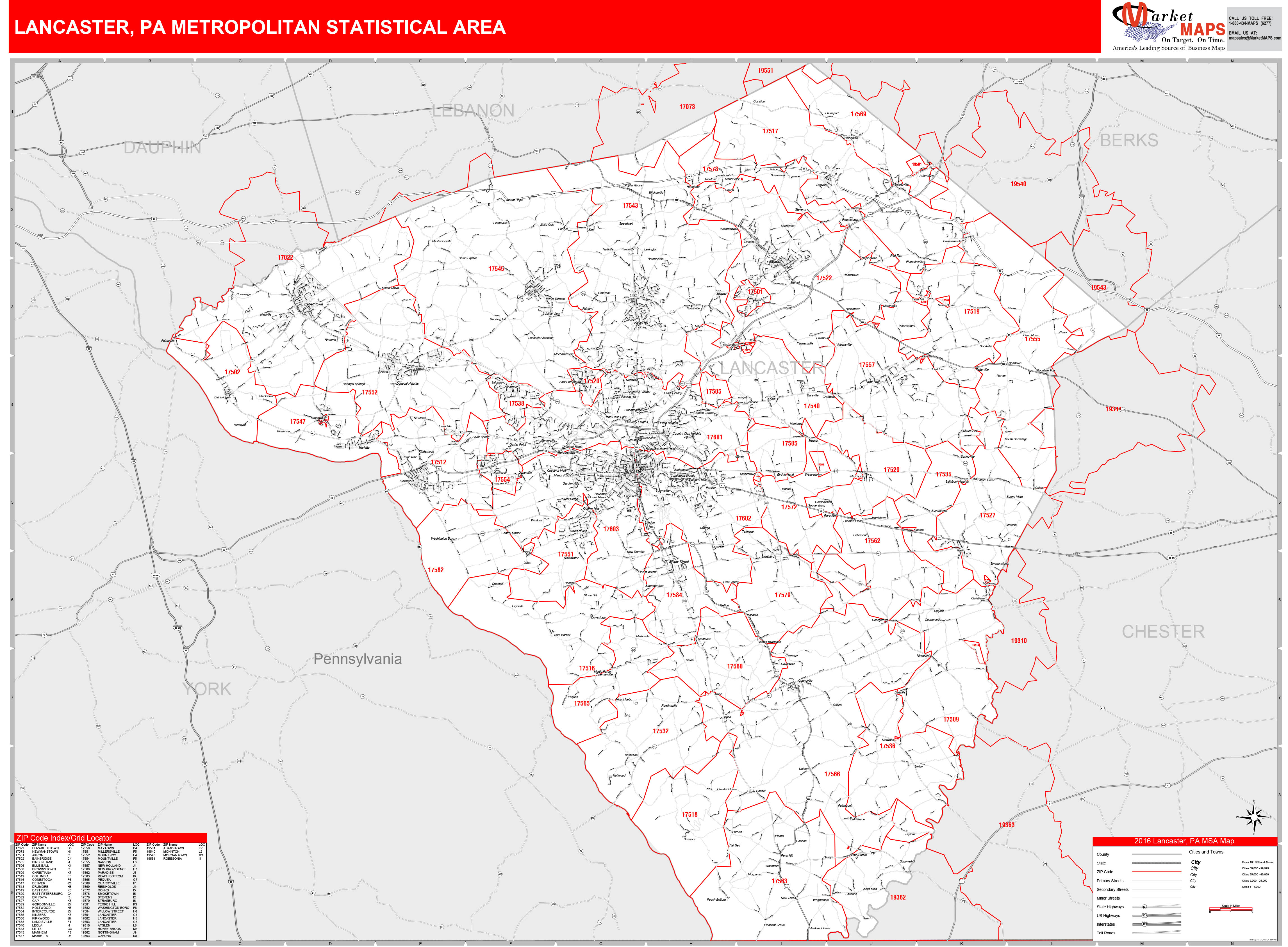 Lancaster, PA Metro Area Wall Map Red Line Style by MarketMAPS