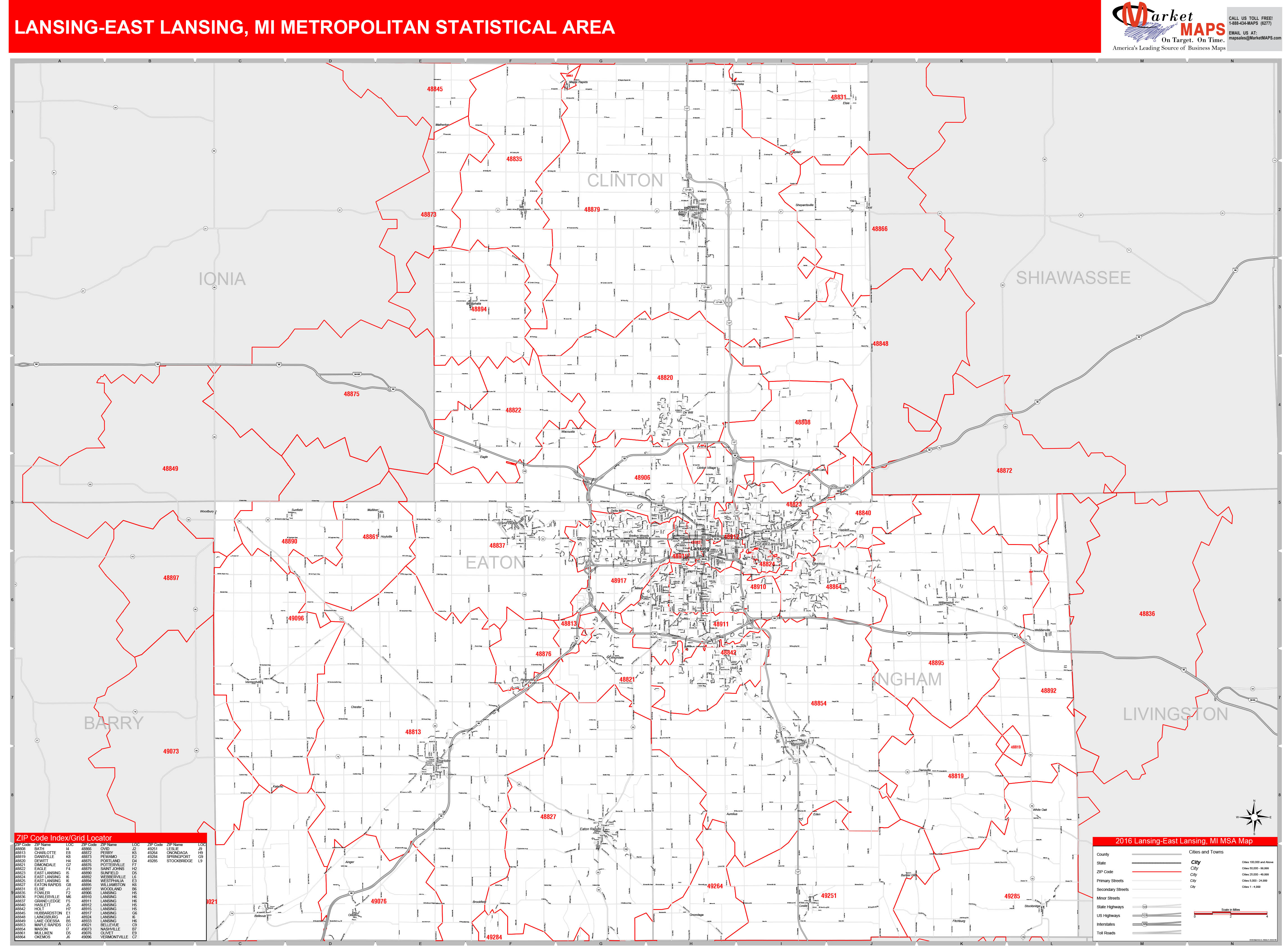 Lansing-East Lansing, MI Metro Area Wall Map Red Line Style by MarketMAPS