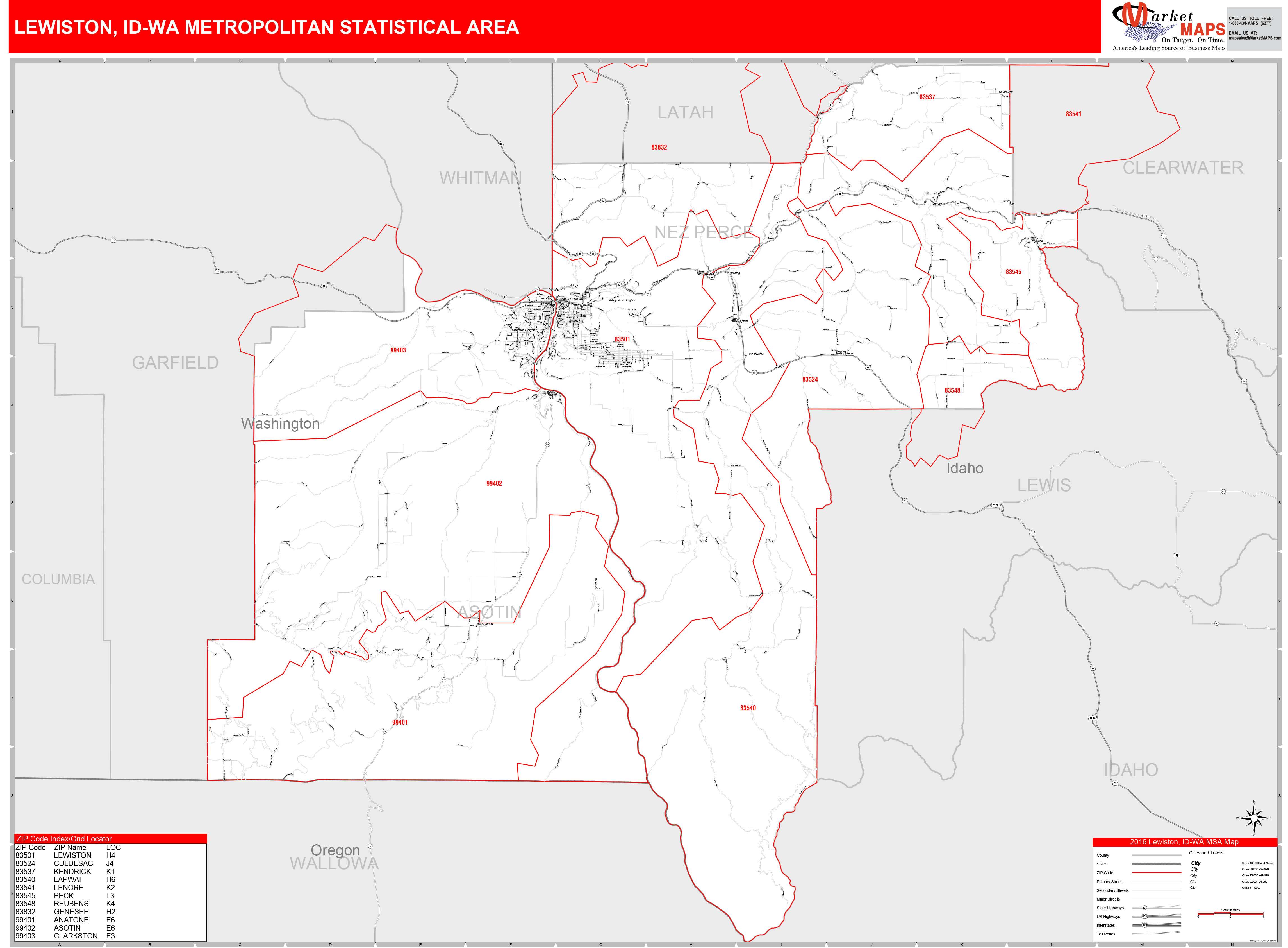 Lewiston, ID Metro Area Wall Map Red Line Style by MarketMAPS