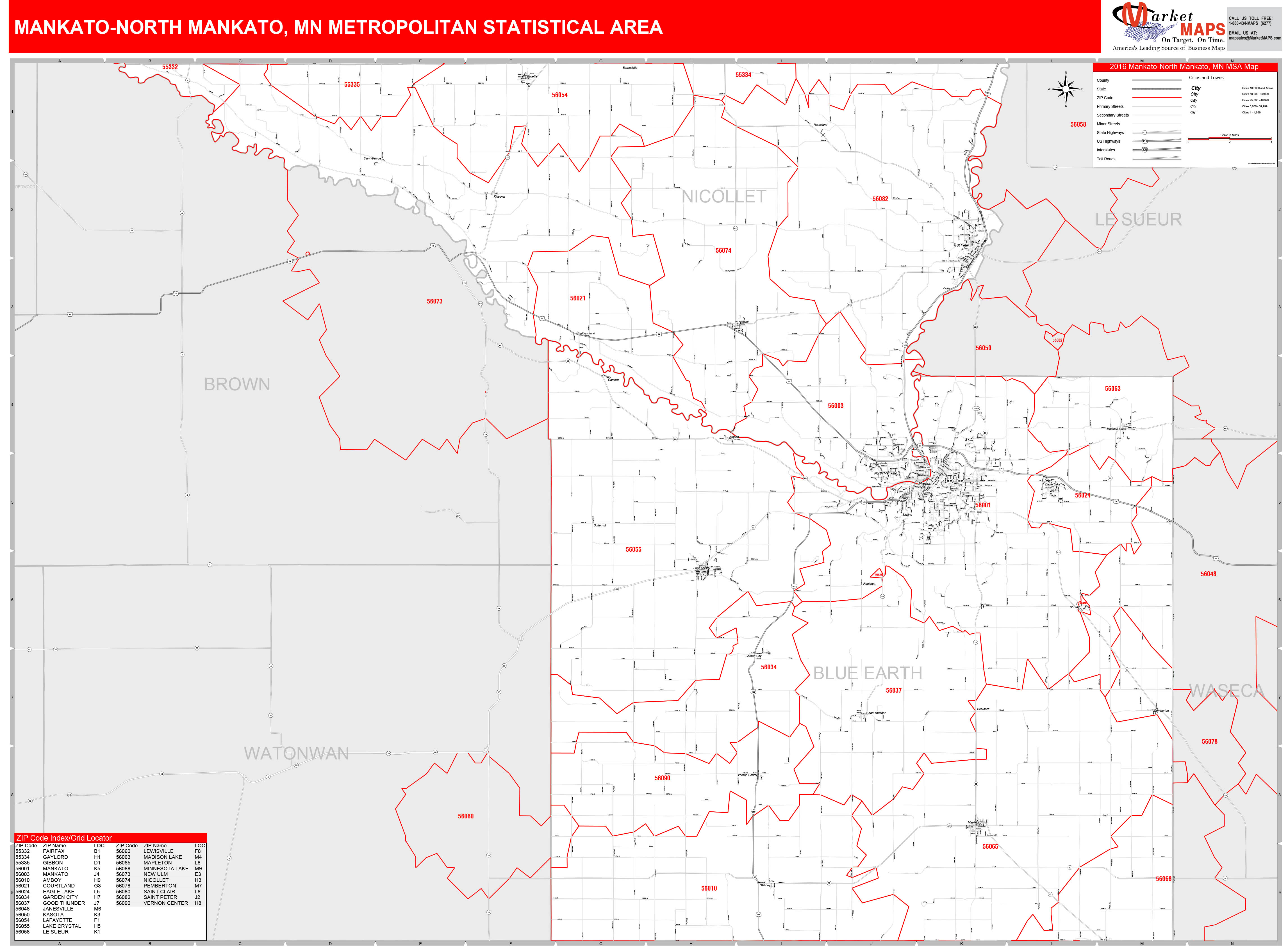 MankatoNorth Mankato, MN Metro Area Wall Map Red Line Style by MarketMAPS