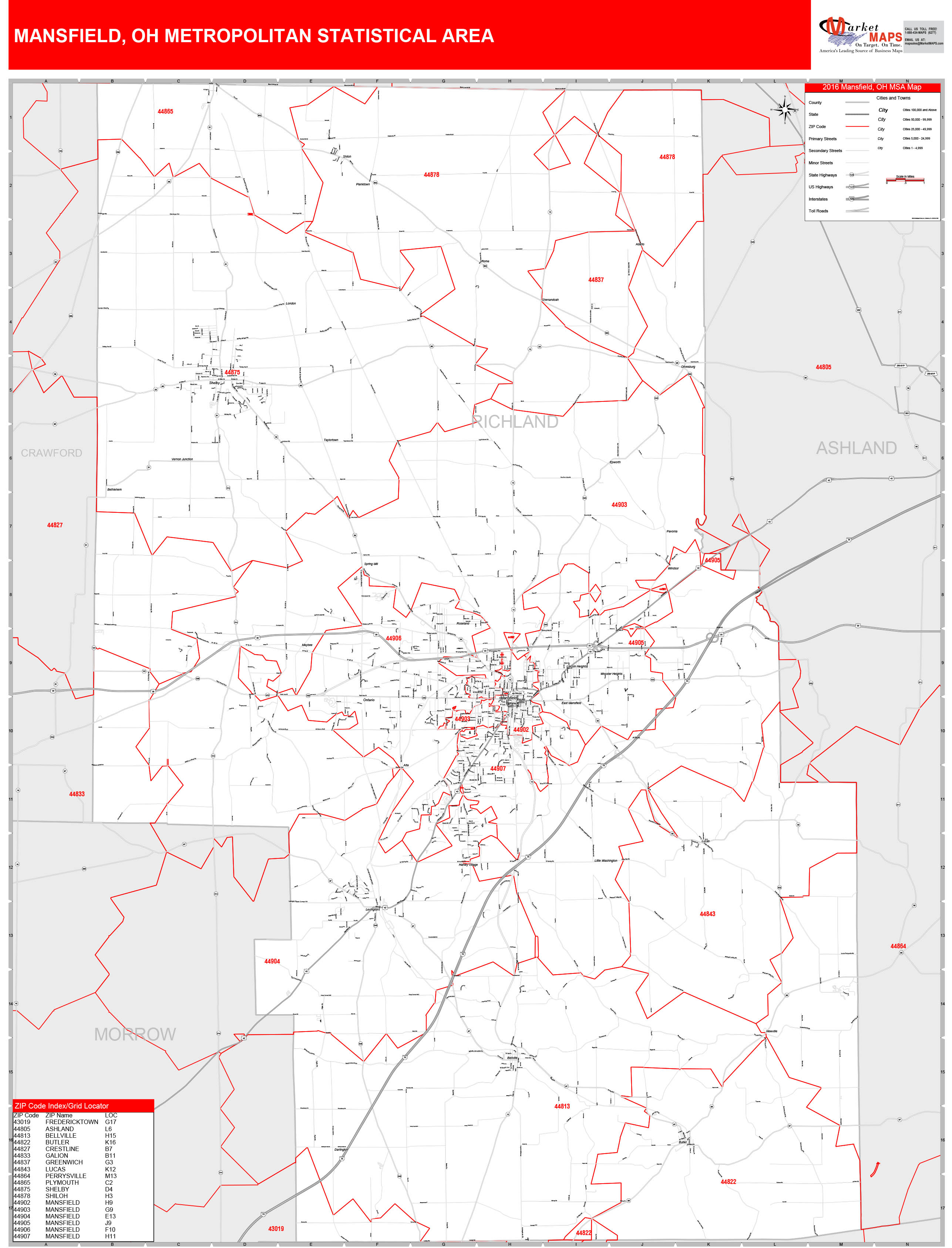 Mansfield, OH Metro Area Wall Map Red Line Style by MarketMAPS