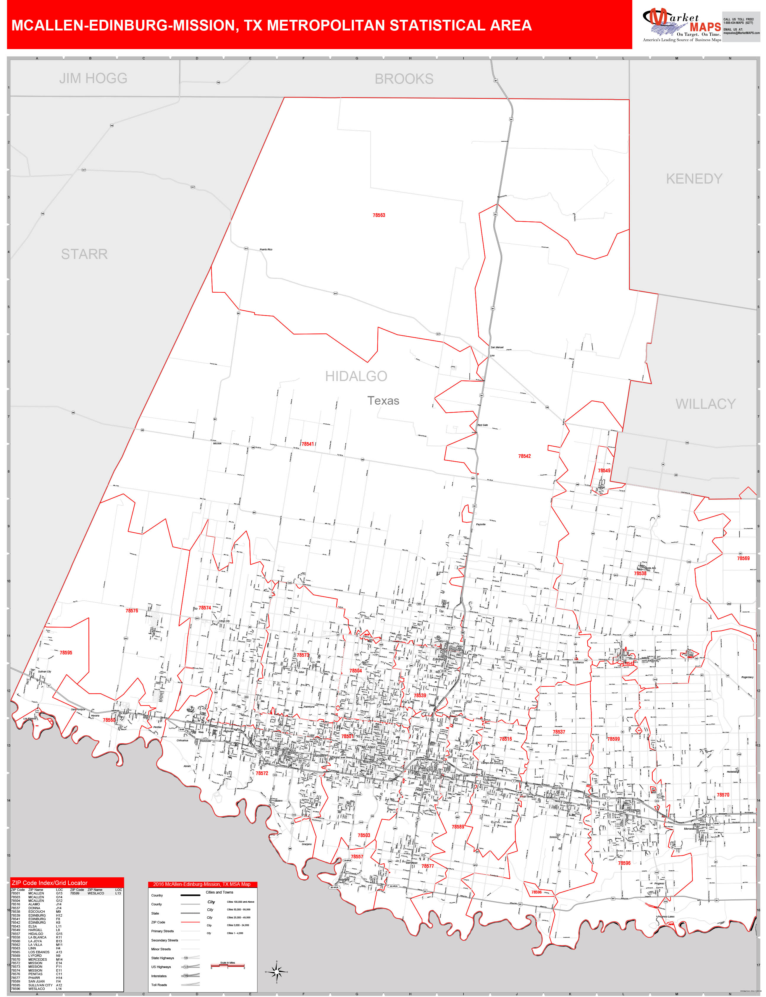 McAllenEdinburgMission, TX Metro Area Wall Map Red Line Style by
