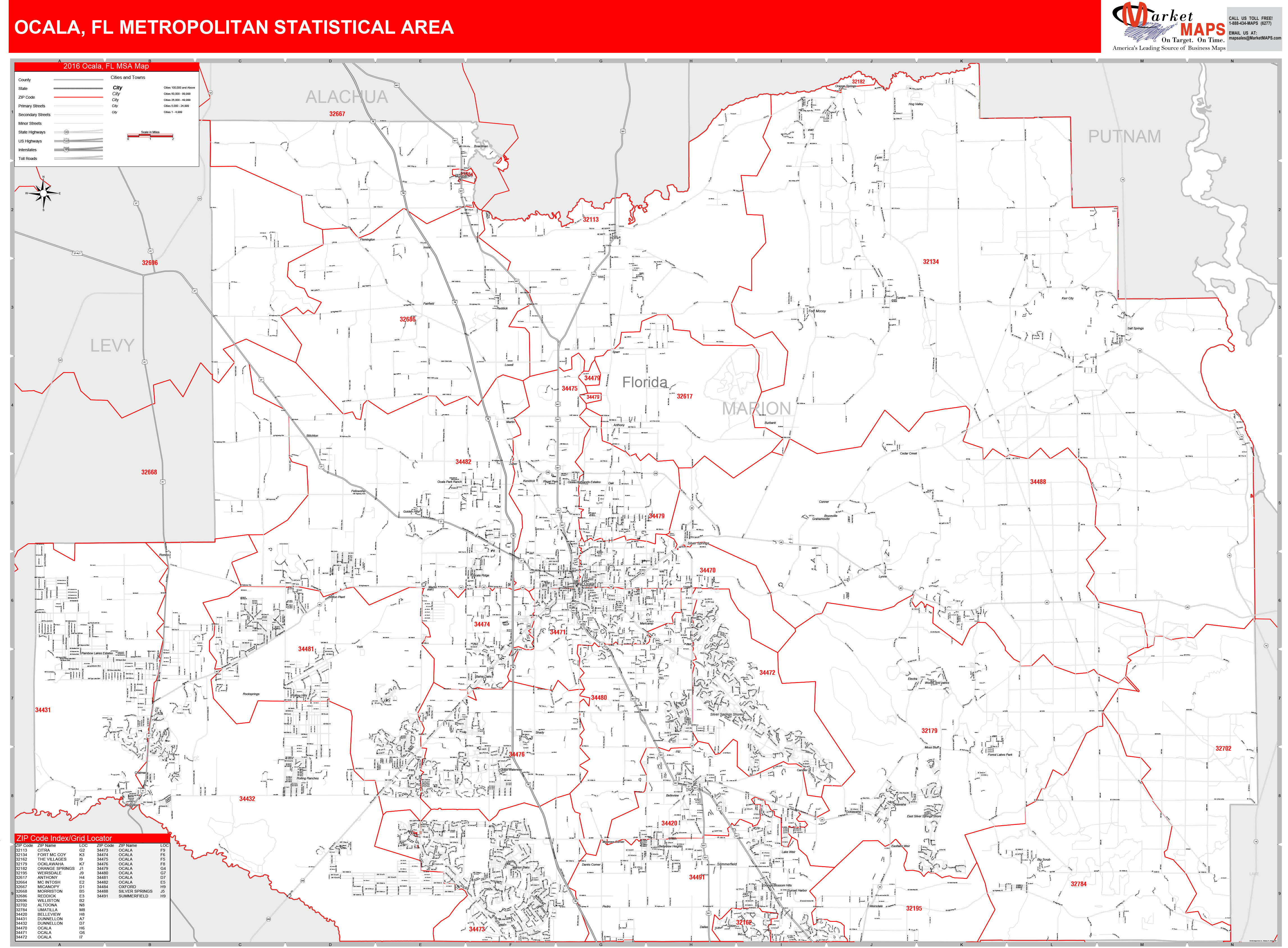 Ocala, FL Metro Area Wall Map Red Line Style by MarketMAPS