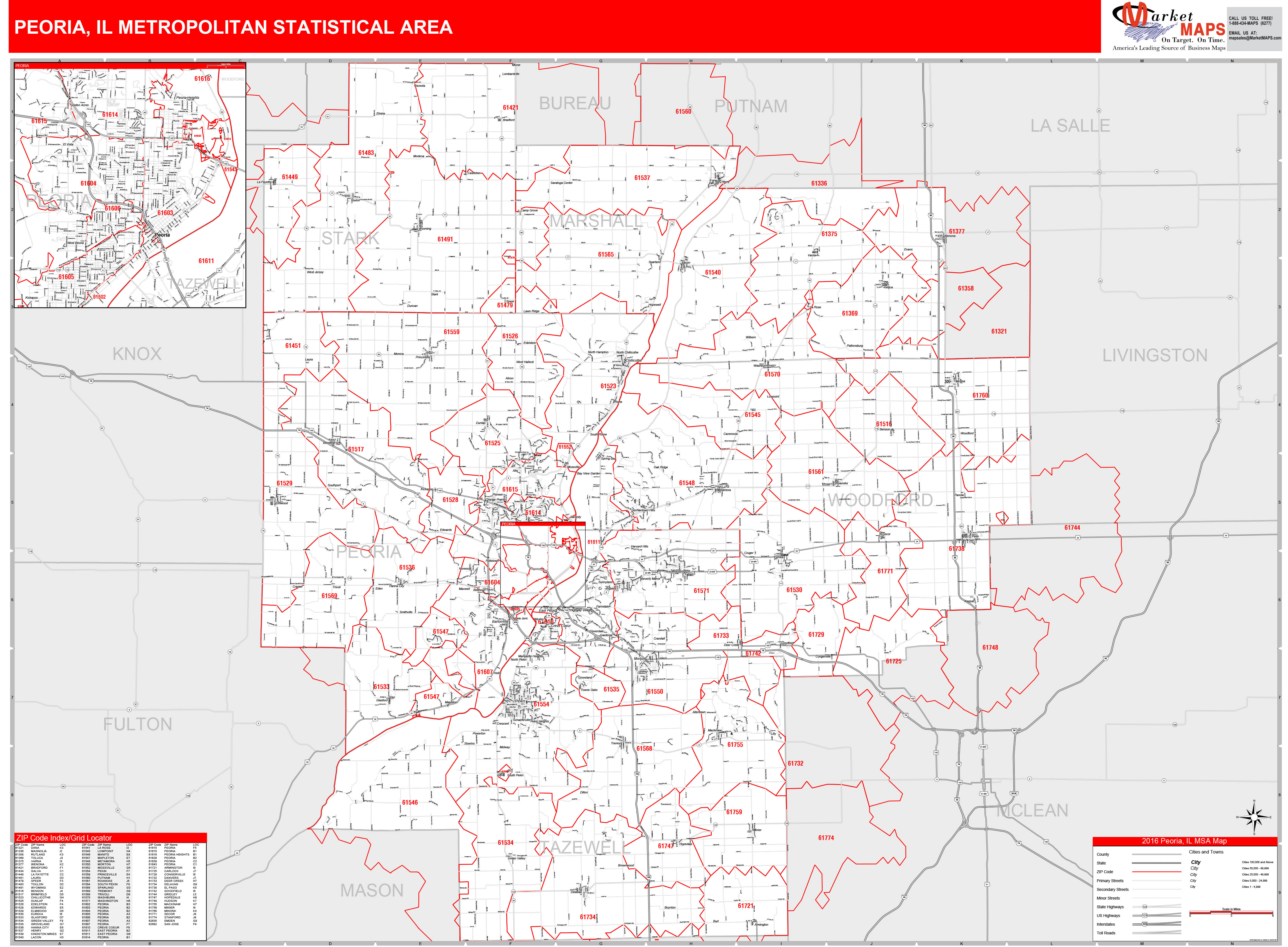 Peoria, IL Metro Area Wall Map Red Line Style by MarketMAPS