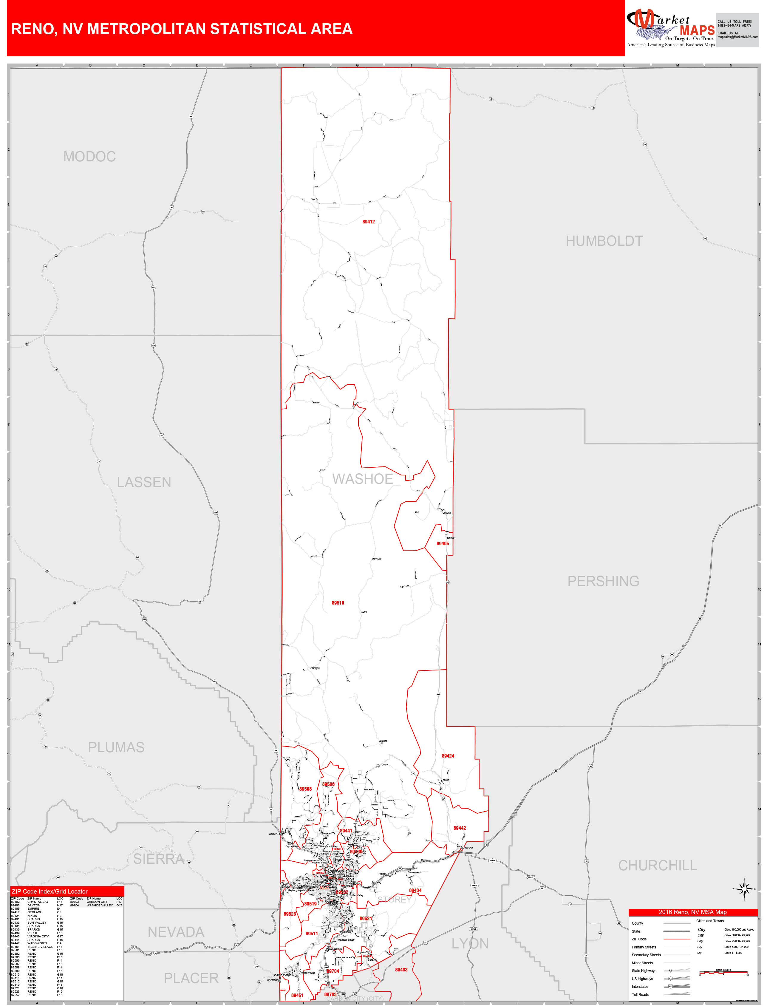Reno, NV Metro Area Wall Map Red Line Style by MarketMAPS