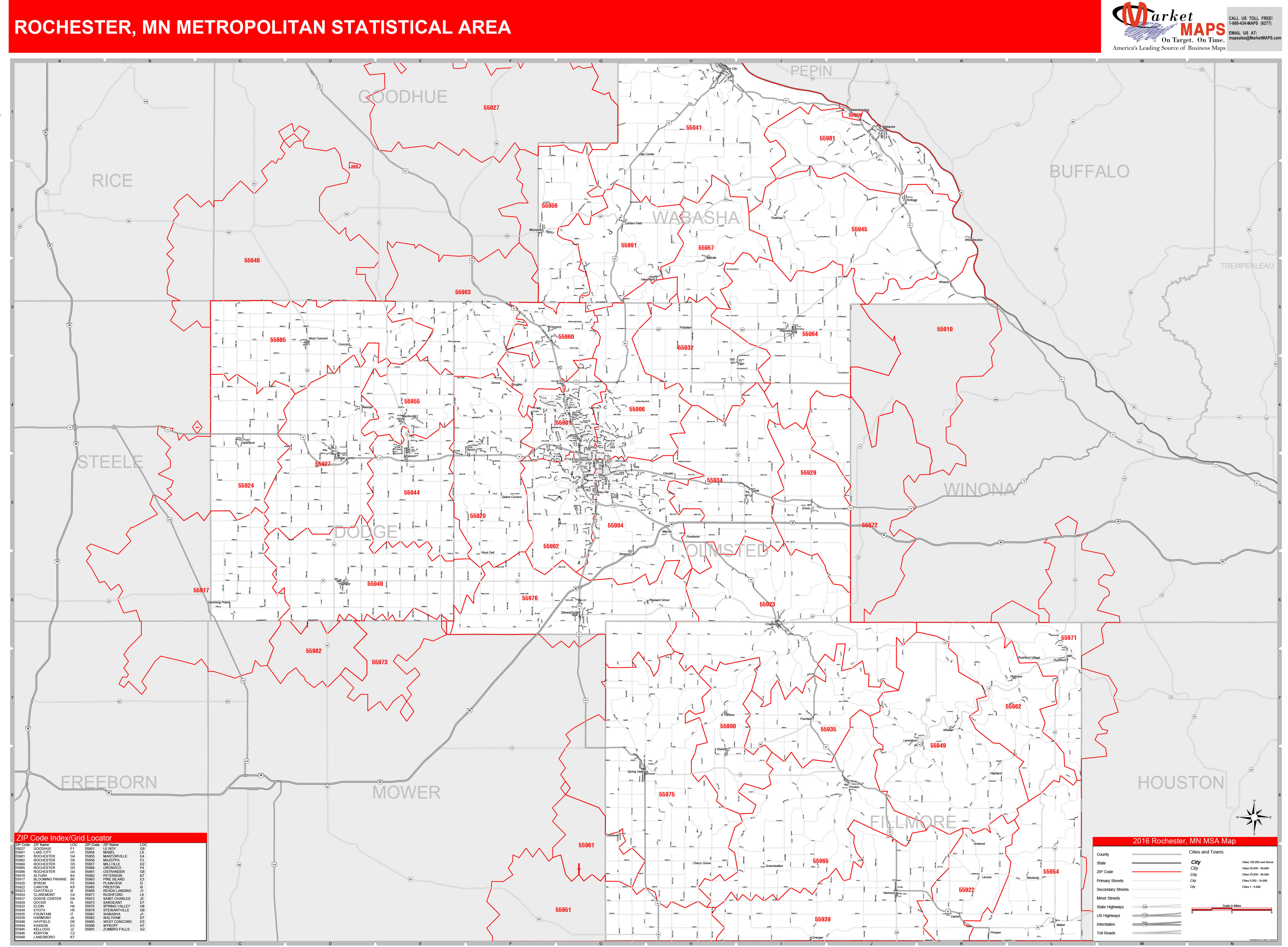 Rochester, MN Metro Area Wall Map Red Line Style by MarketMAPS