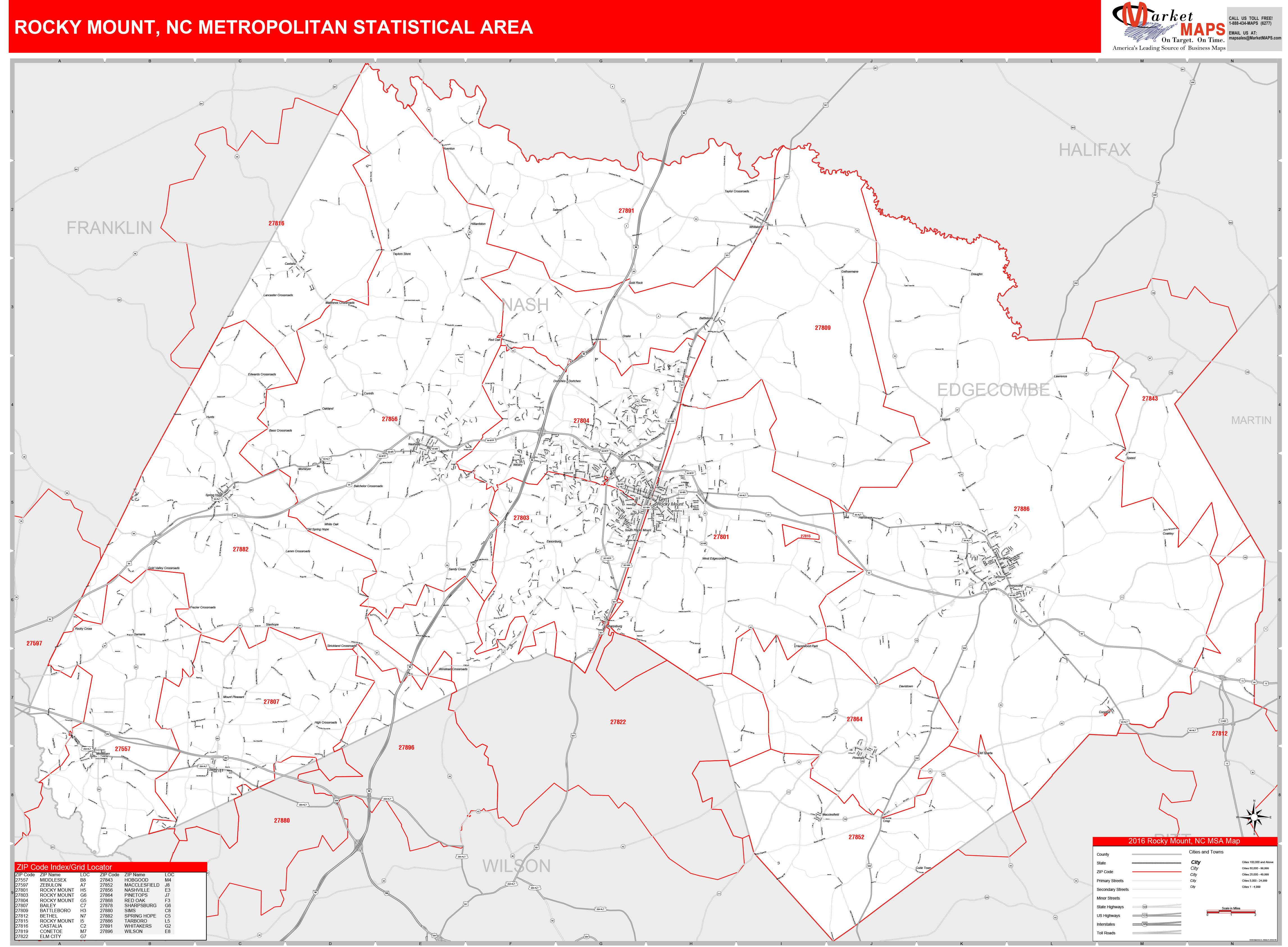 Rocky Mount, NC Metro Area Wall Map Red Line Style by MarketMAPS