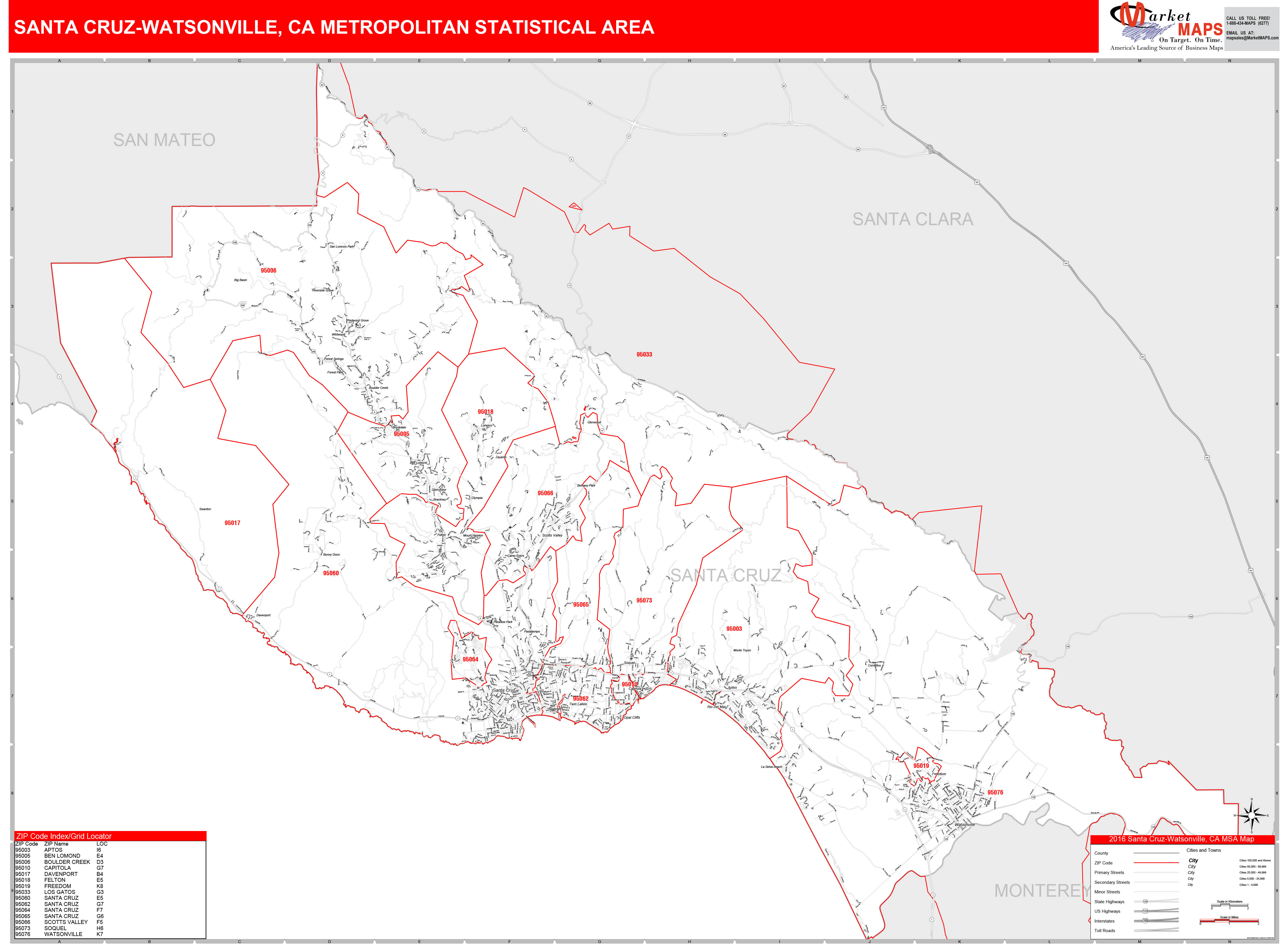 Santa Cruz-Watsonville, CA Metro Area Wall Map Red Line Style by MarketMAPS