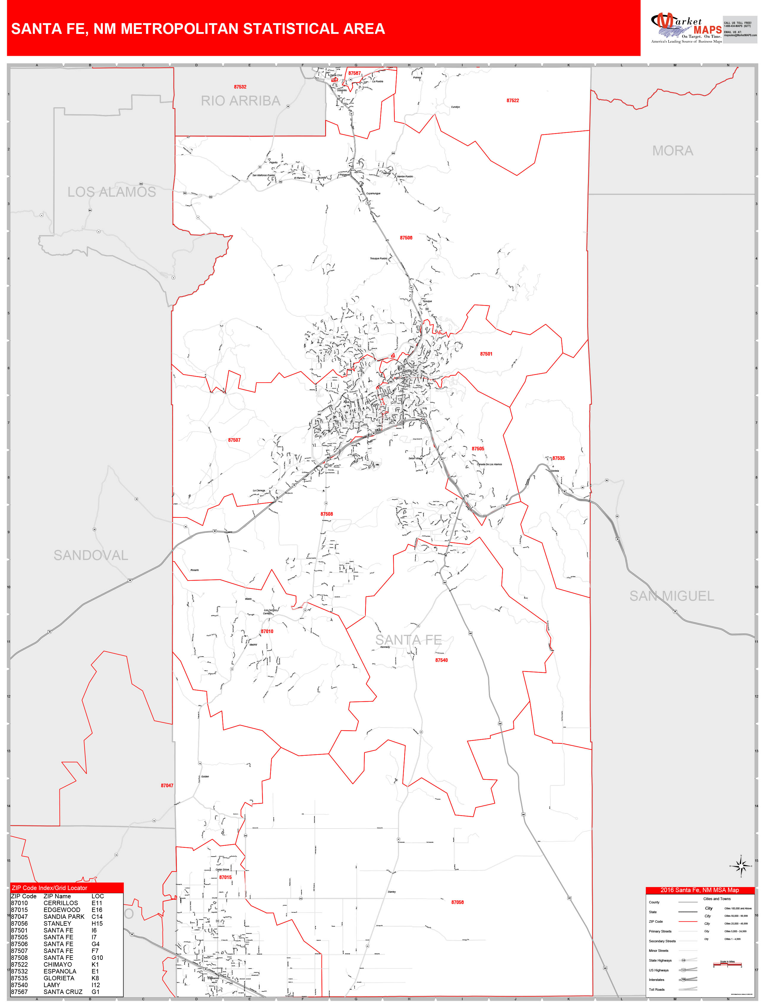 Santa Fe, NM Metro Area Wall Map Red Line Style by MarketMAPS
