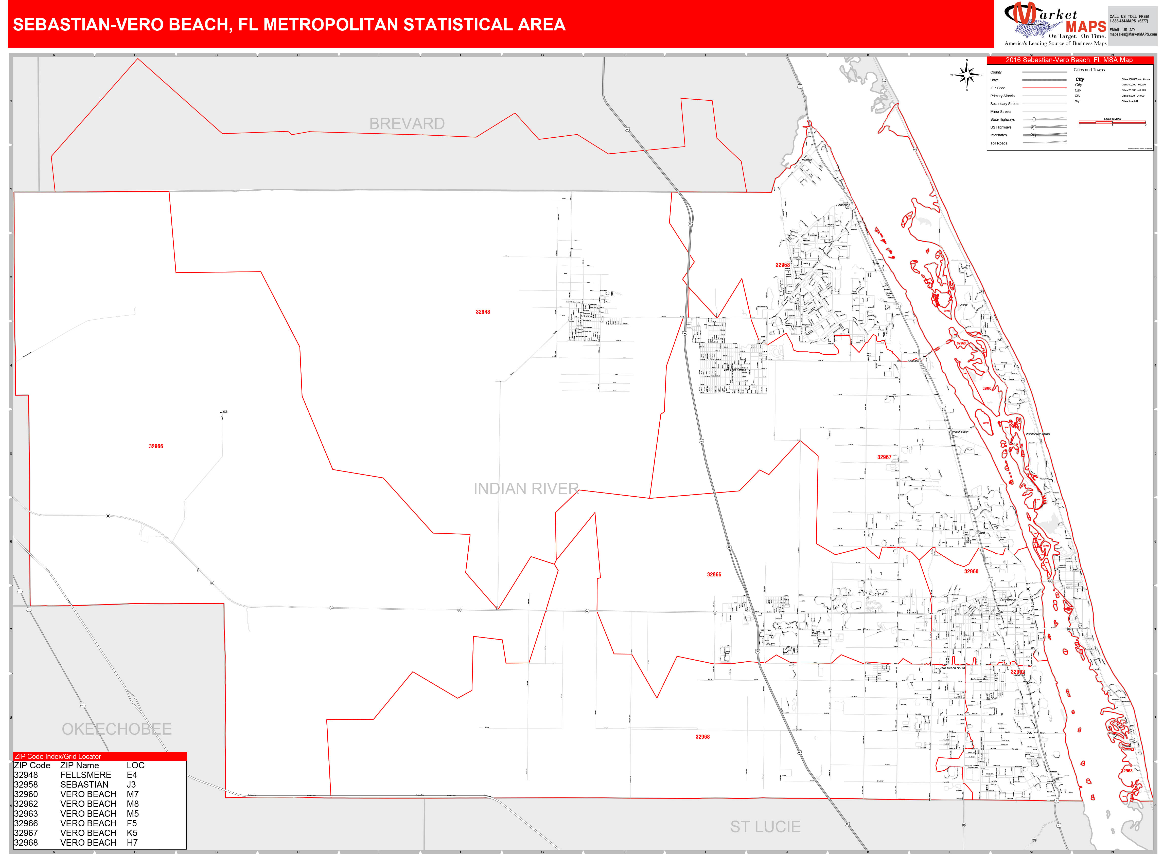 SebastianVero Beach, FL Metro Area Wall Map Red Line Style by MarketMAPS