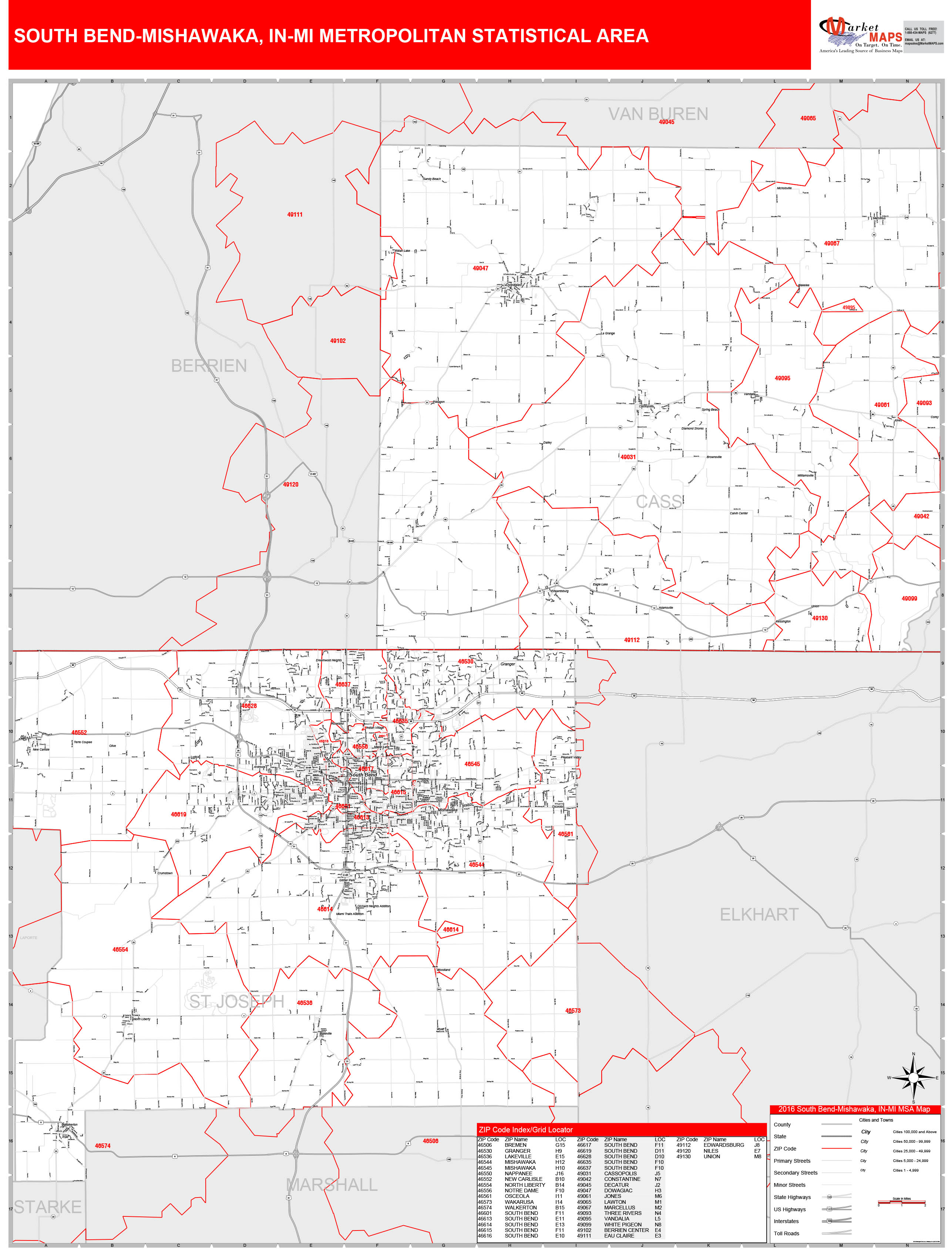 South Bend-Mishawaka, IN Metro Area Wall Map Red Line Style by MarketMAPS