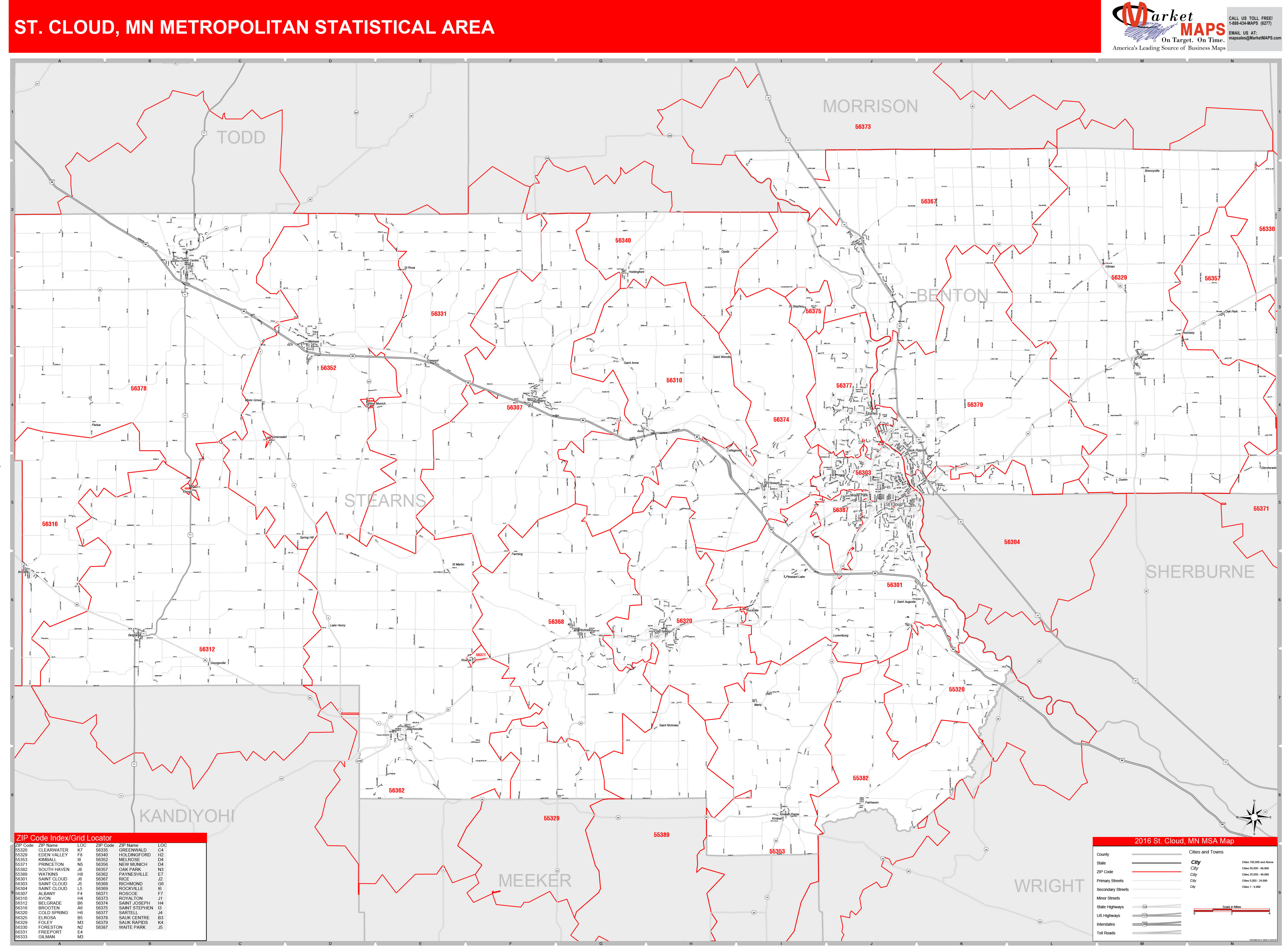 St. Cloud, MN Metro Area Wall Map Red Line Style by MarketMAPS MapSales