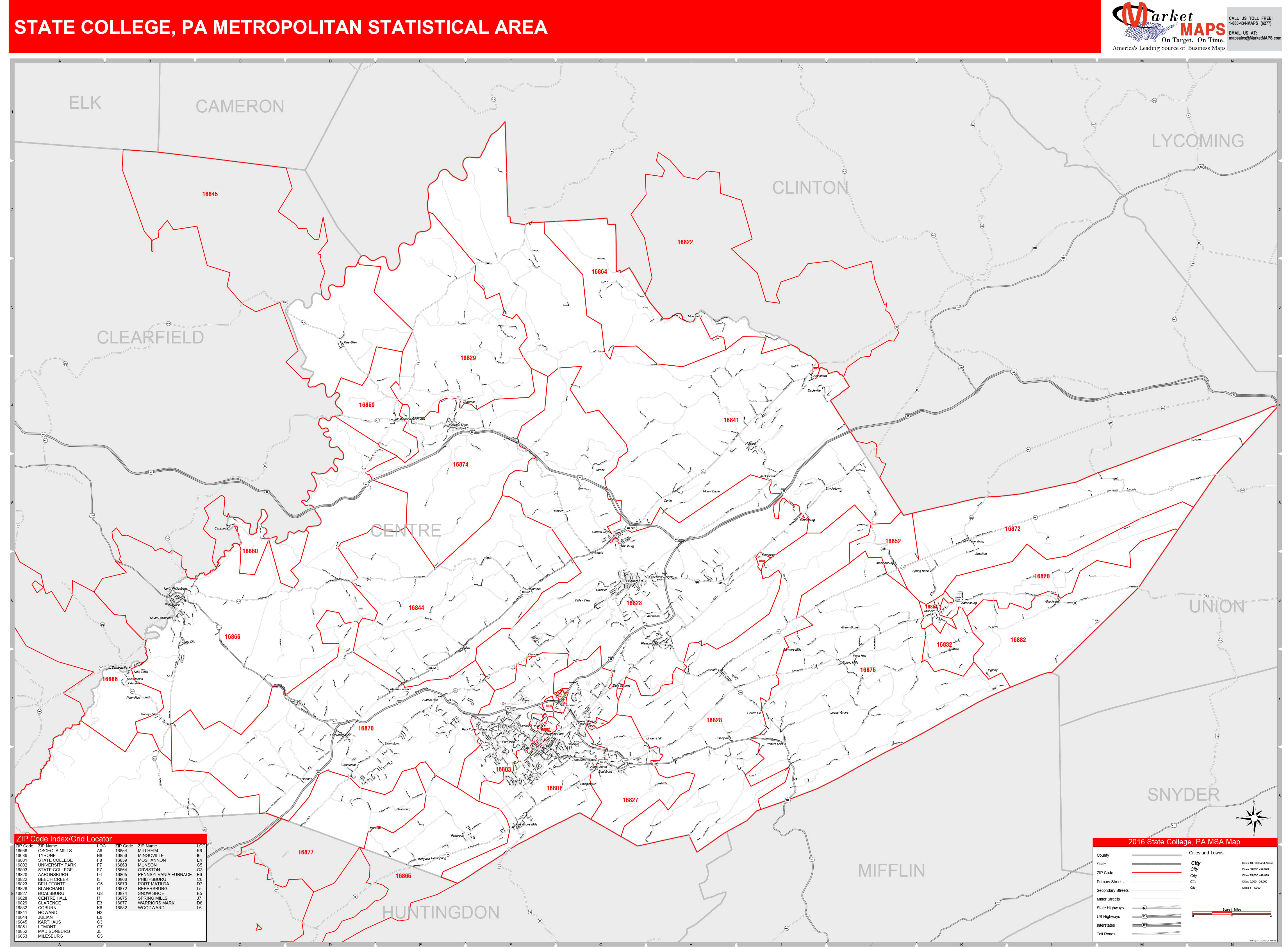 State College, PA Metro Area Wall Map Red Line Style by MarketMAPS