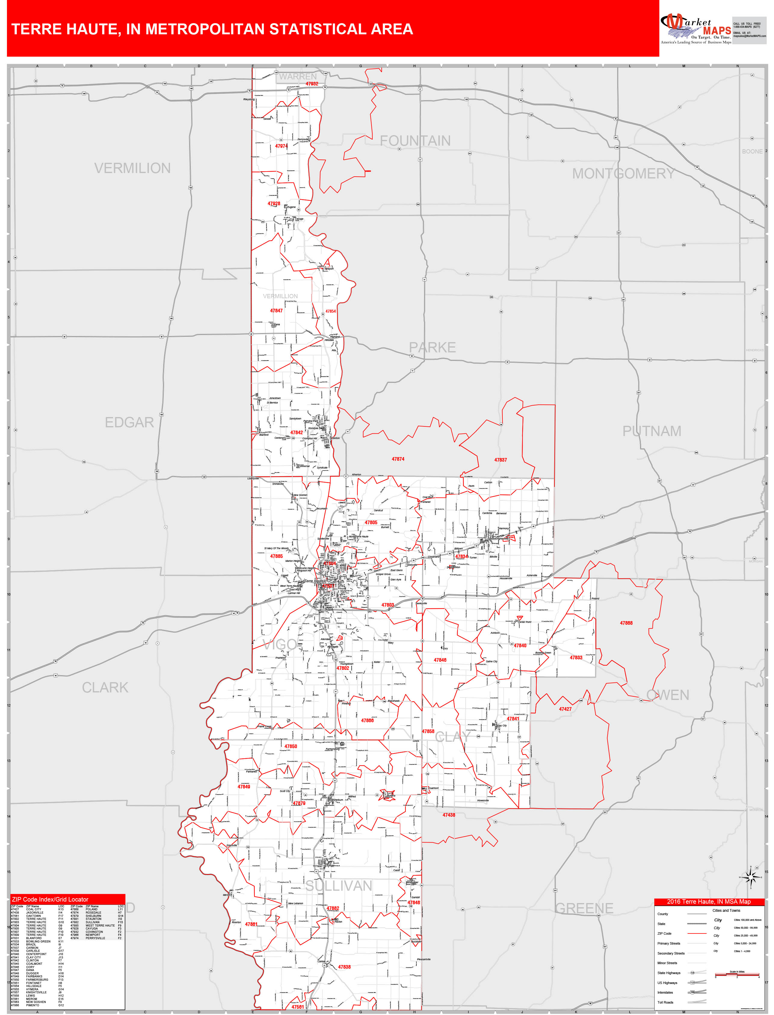 Terre Haute, IN Metro Area Wall Map Red Line Style by MarketMAPS
