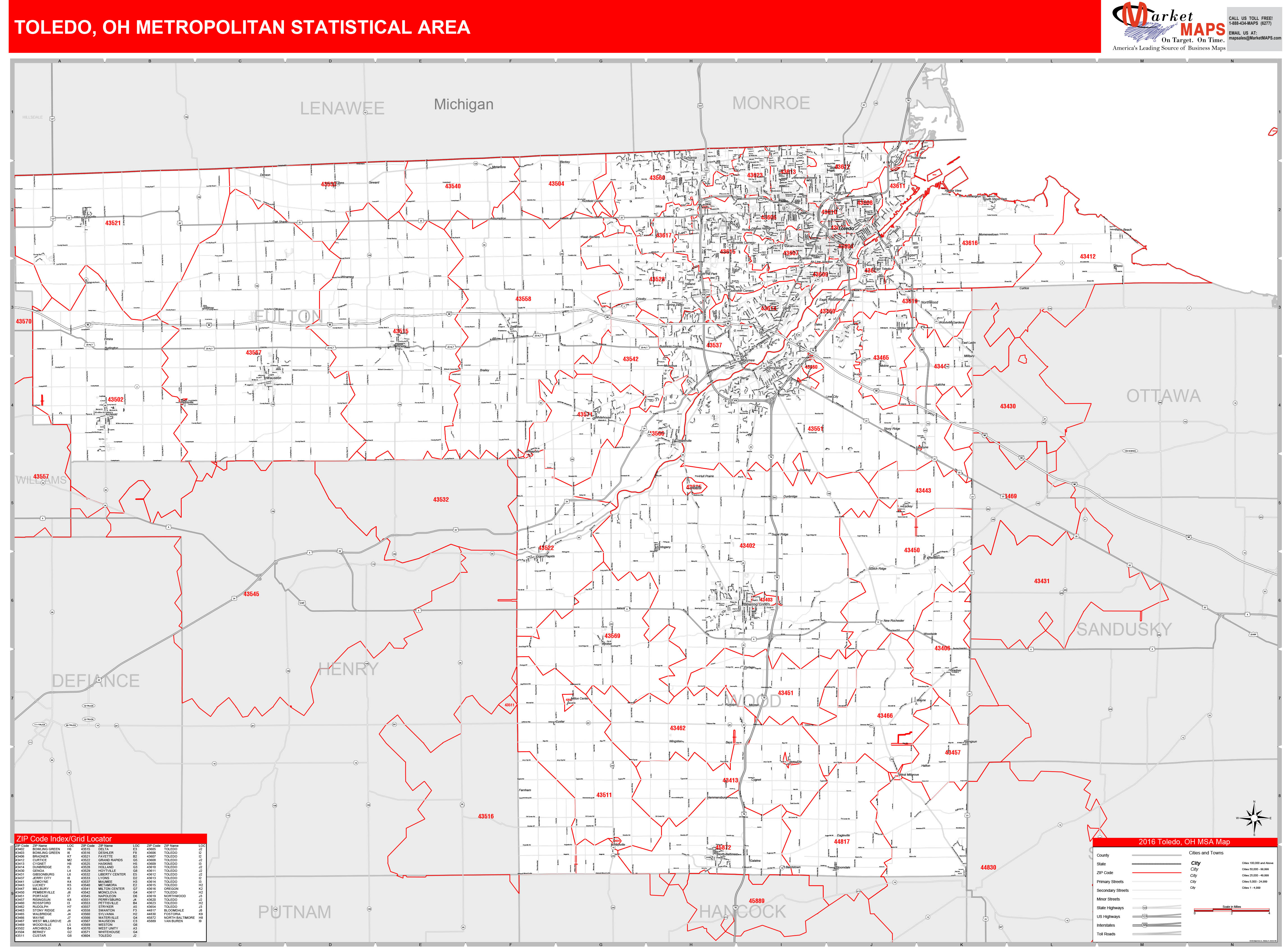 Toledo, OH Metro Area Wall Map Red Line Style by MarketMAPS MapSales