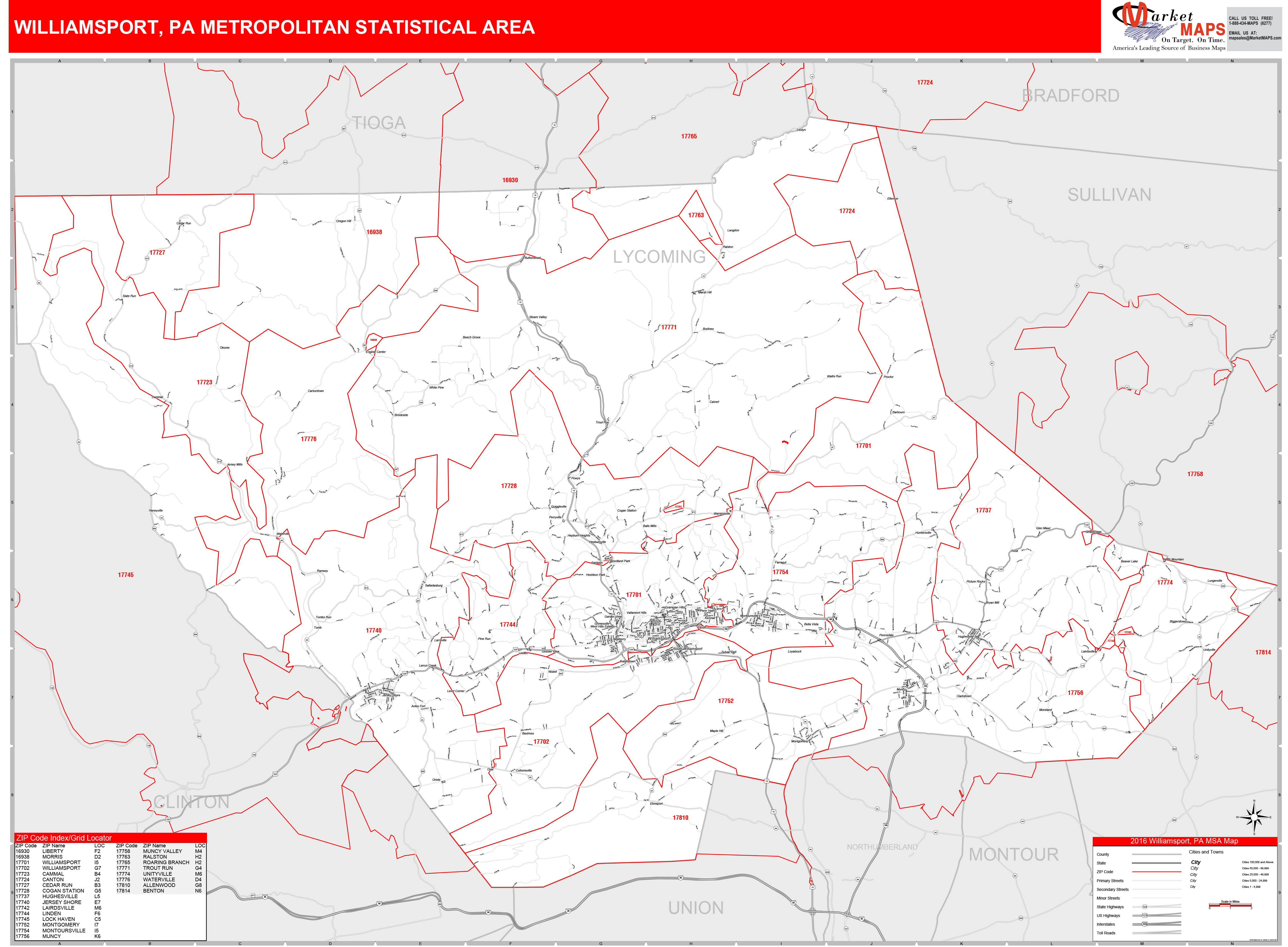 Williamsport, PA Metro Area Wall Map Red Line Style by MarketMAPS
