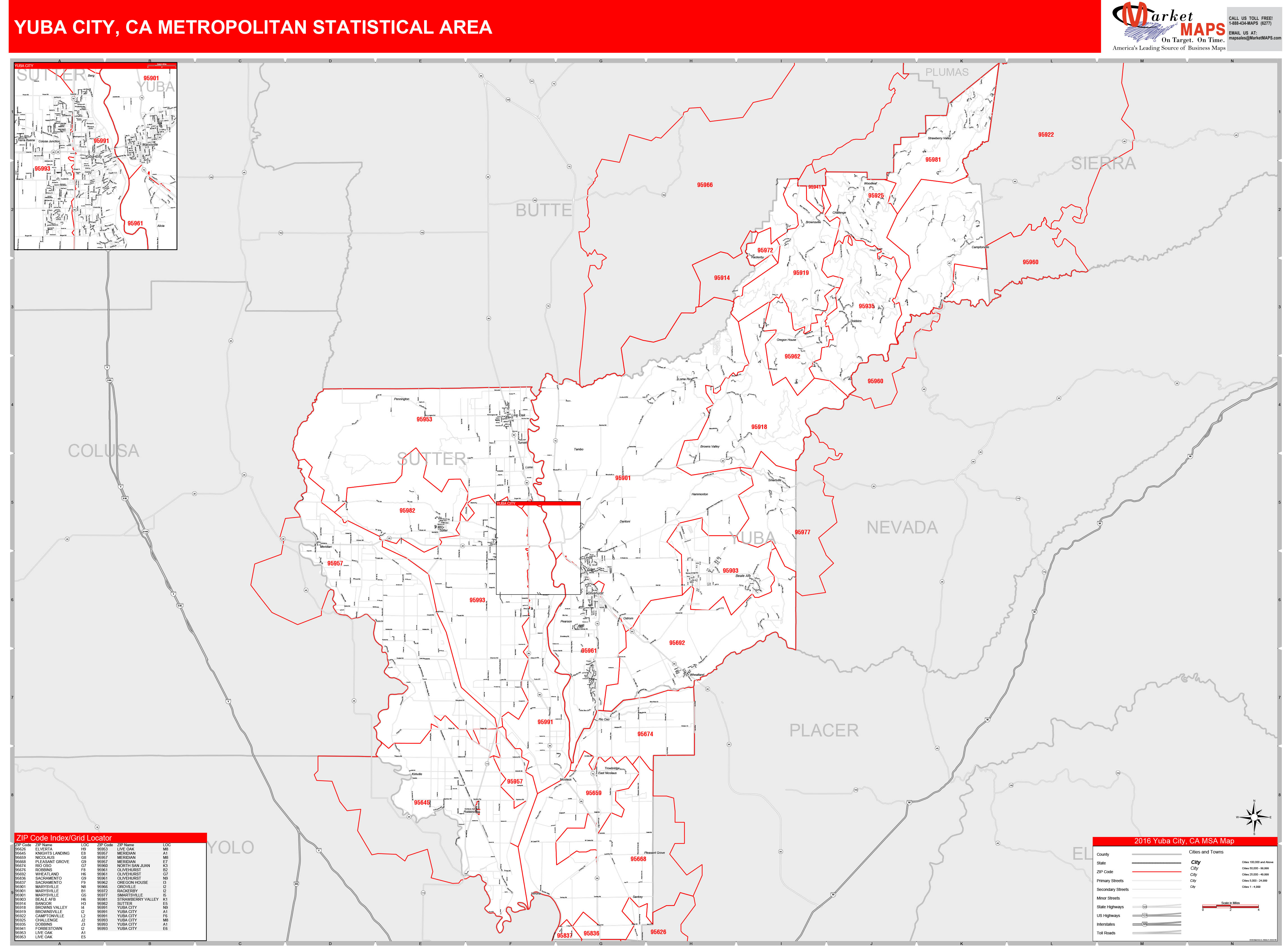 Yuba City, CA Metro Area Wall Map Red Line Style by MarketMAPS