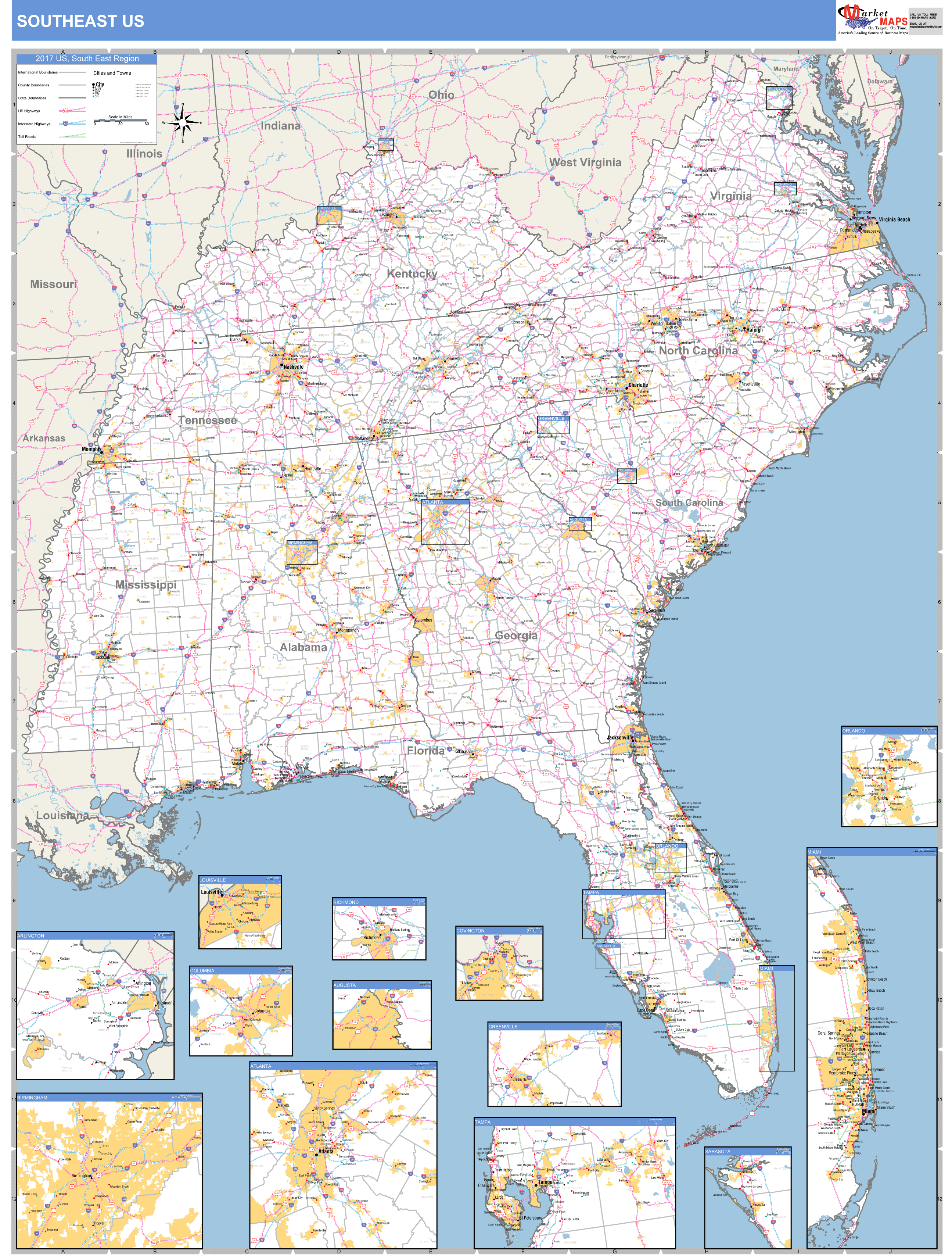 US Southeast 2 Regional Wall Map Basic Style by MarketMAPS MapSales
