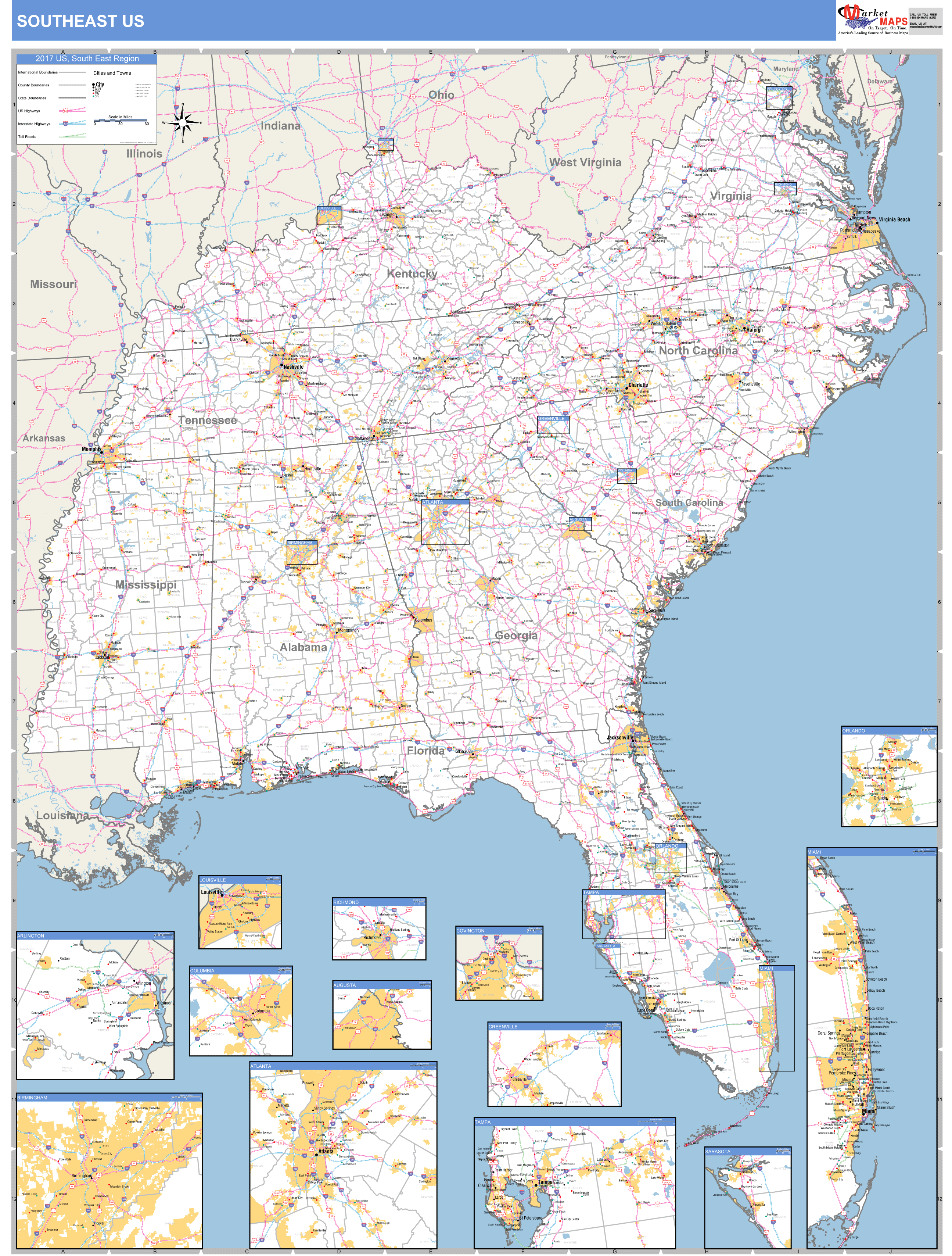 US Southeast 2 Regional Wall Map Basic Style by MarketMAPS - MapSales