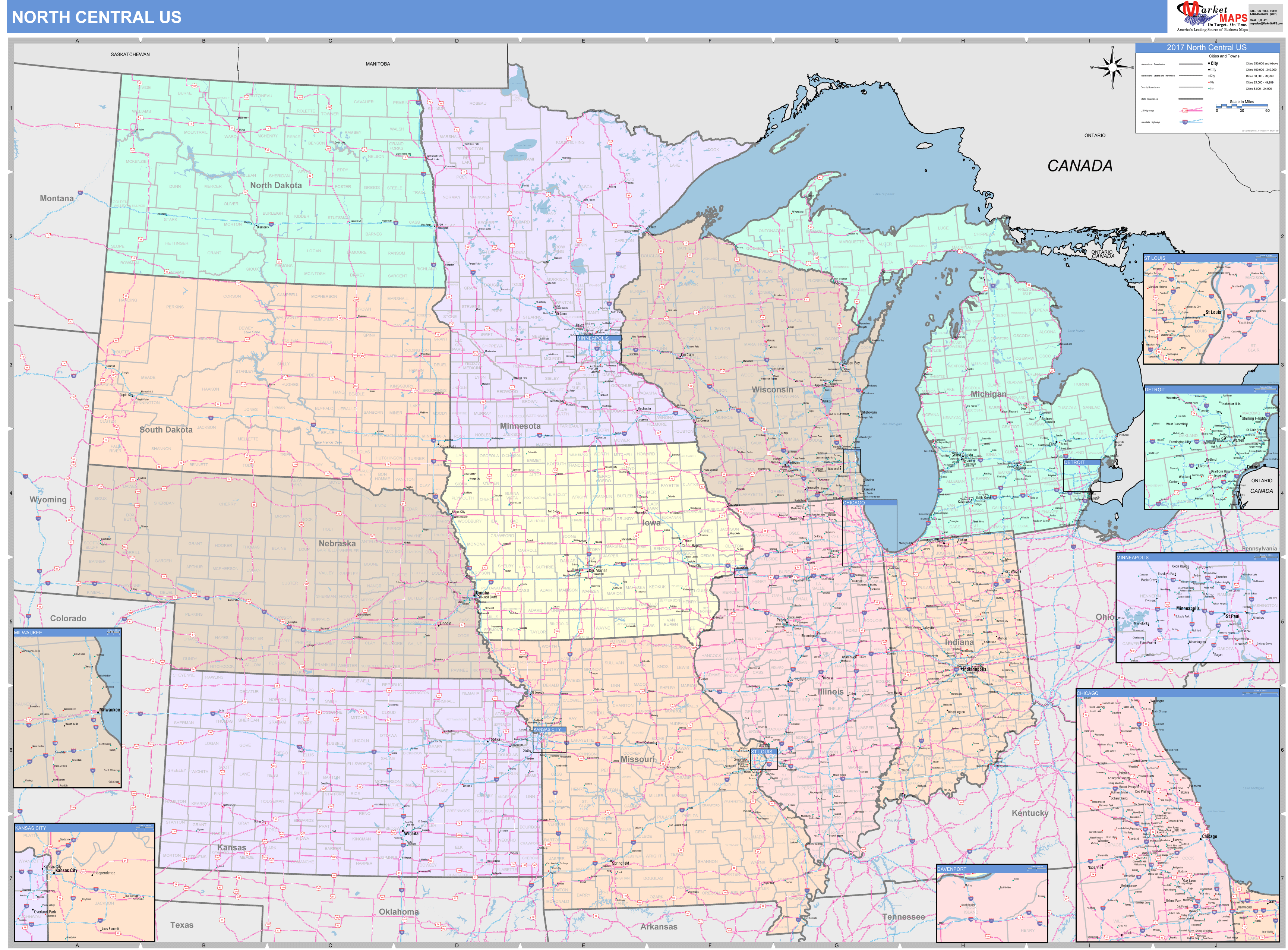 US North Central Regional Wall Map Color Cast Style by MarketMAPS