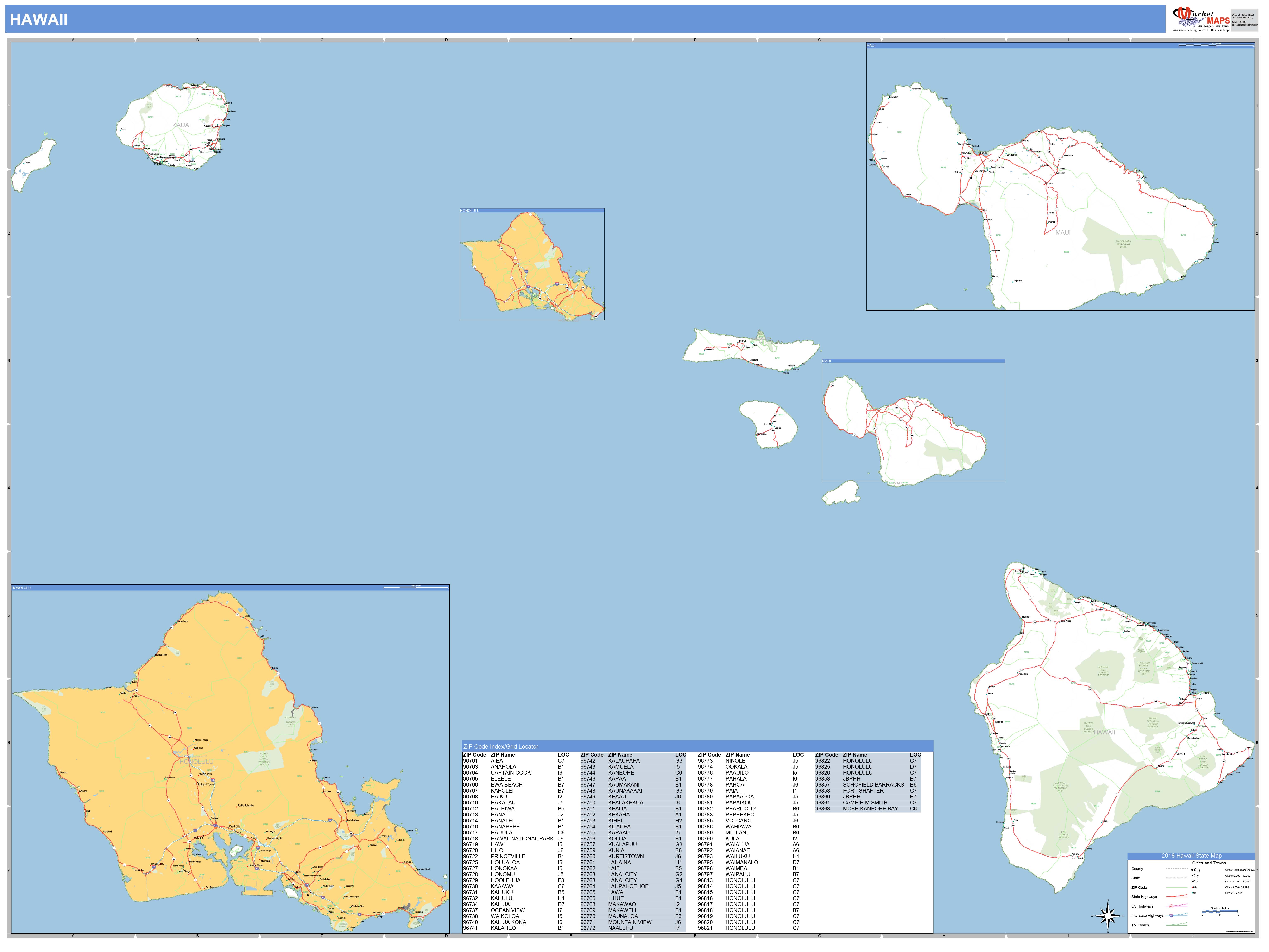 Hawaii Zip Code Wall Map Basic Style by MarketMAPS MapSales