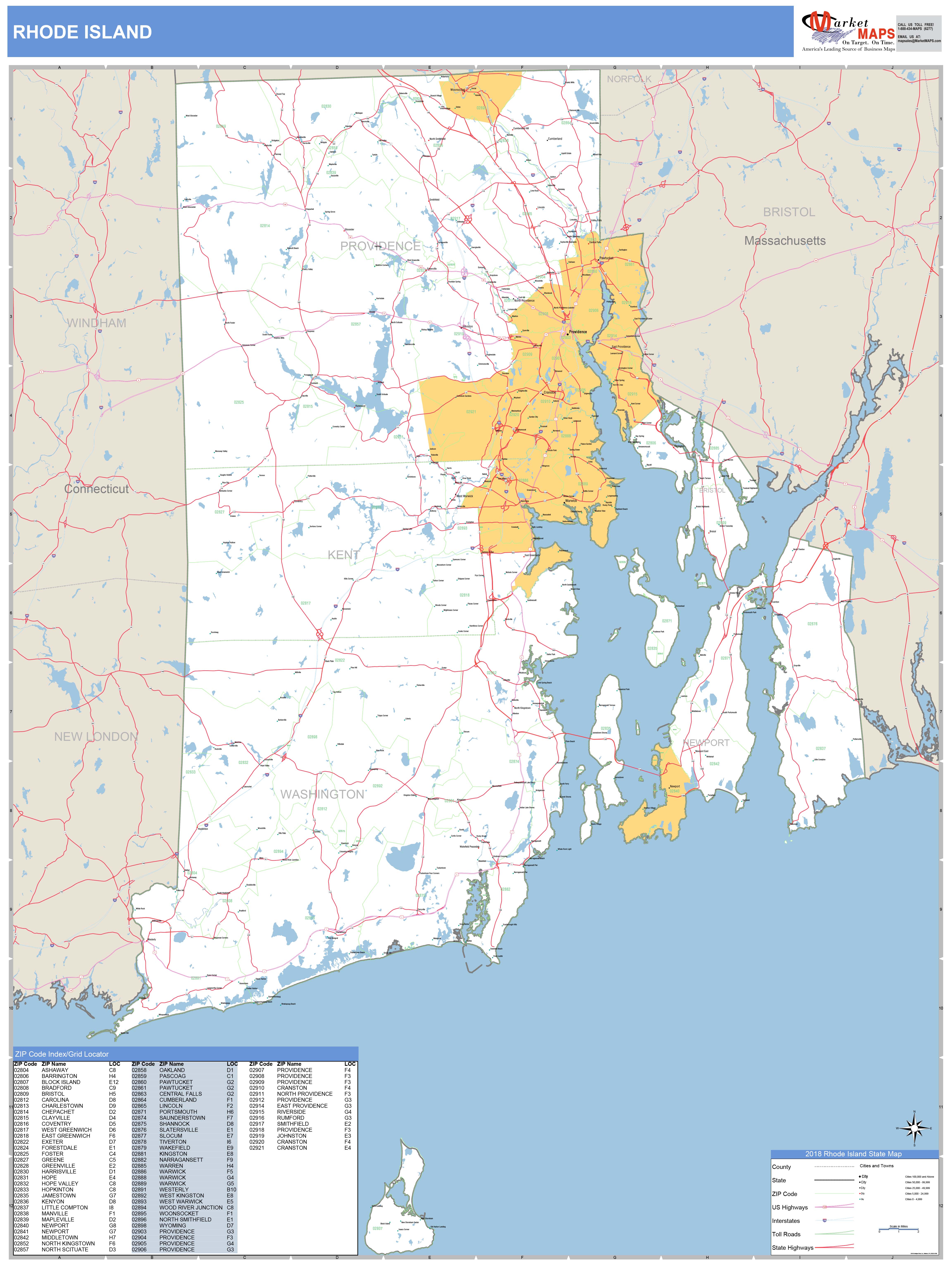 Rhode Island Zip Code Wall Map Basic Style by MarketMAPS MapSales