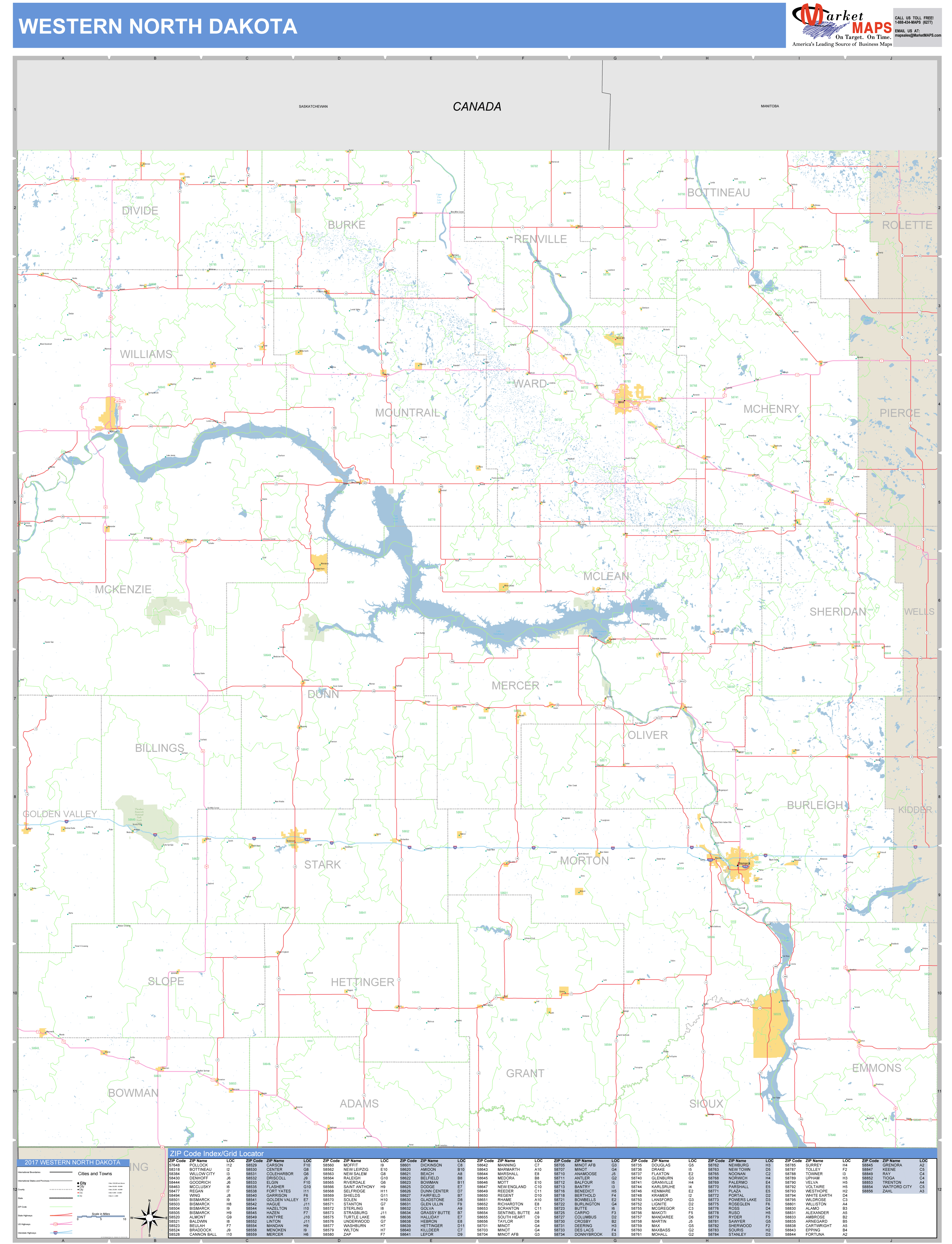 North Dakota Western Wall Map Basic Style by MarketMAPS MapSales