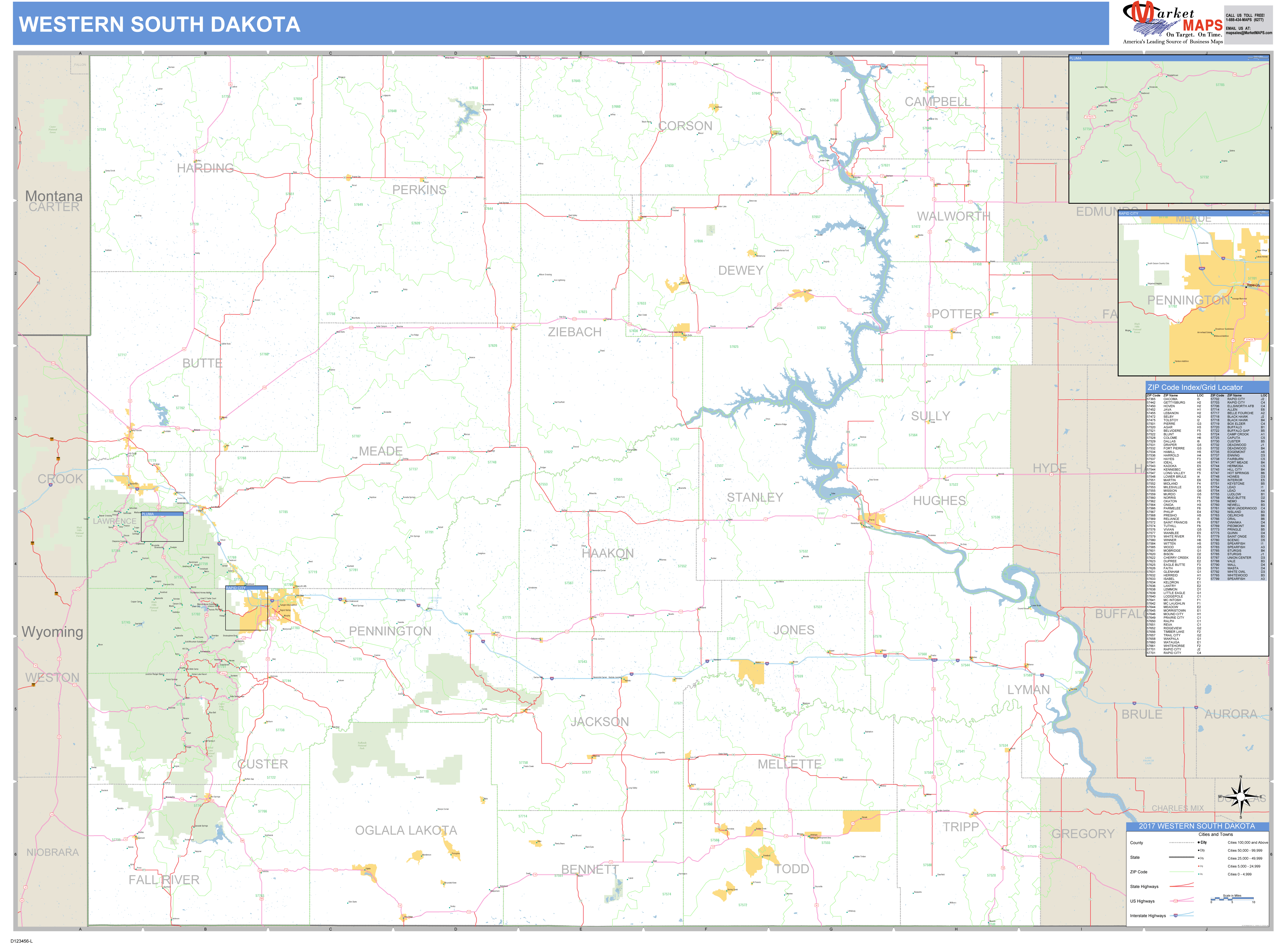 South Dakota Western Wall Map Basic Style by MarketMAPS MapSales