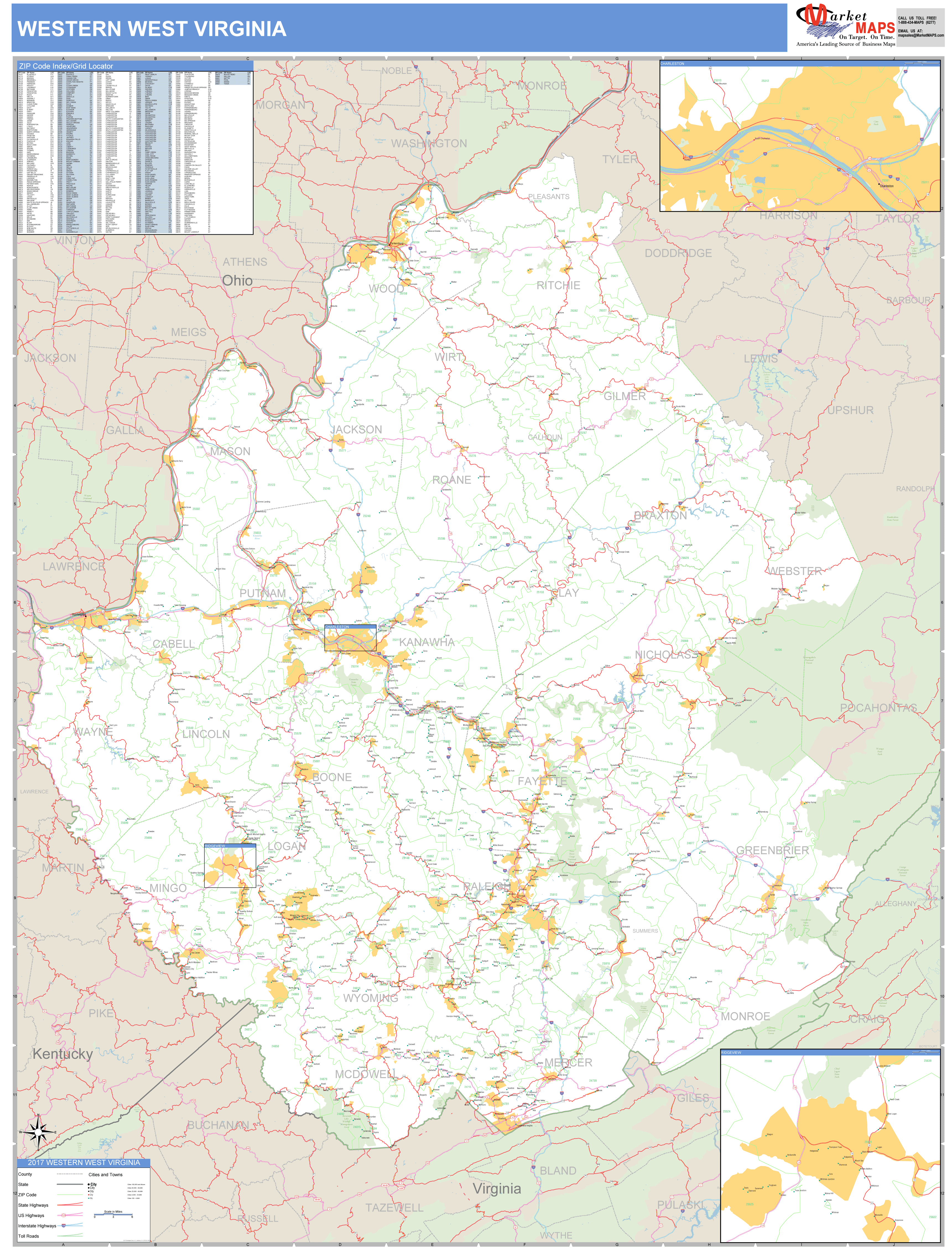 West Virginia Western Wall Map Basic Style by MarketMAPS MapSales