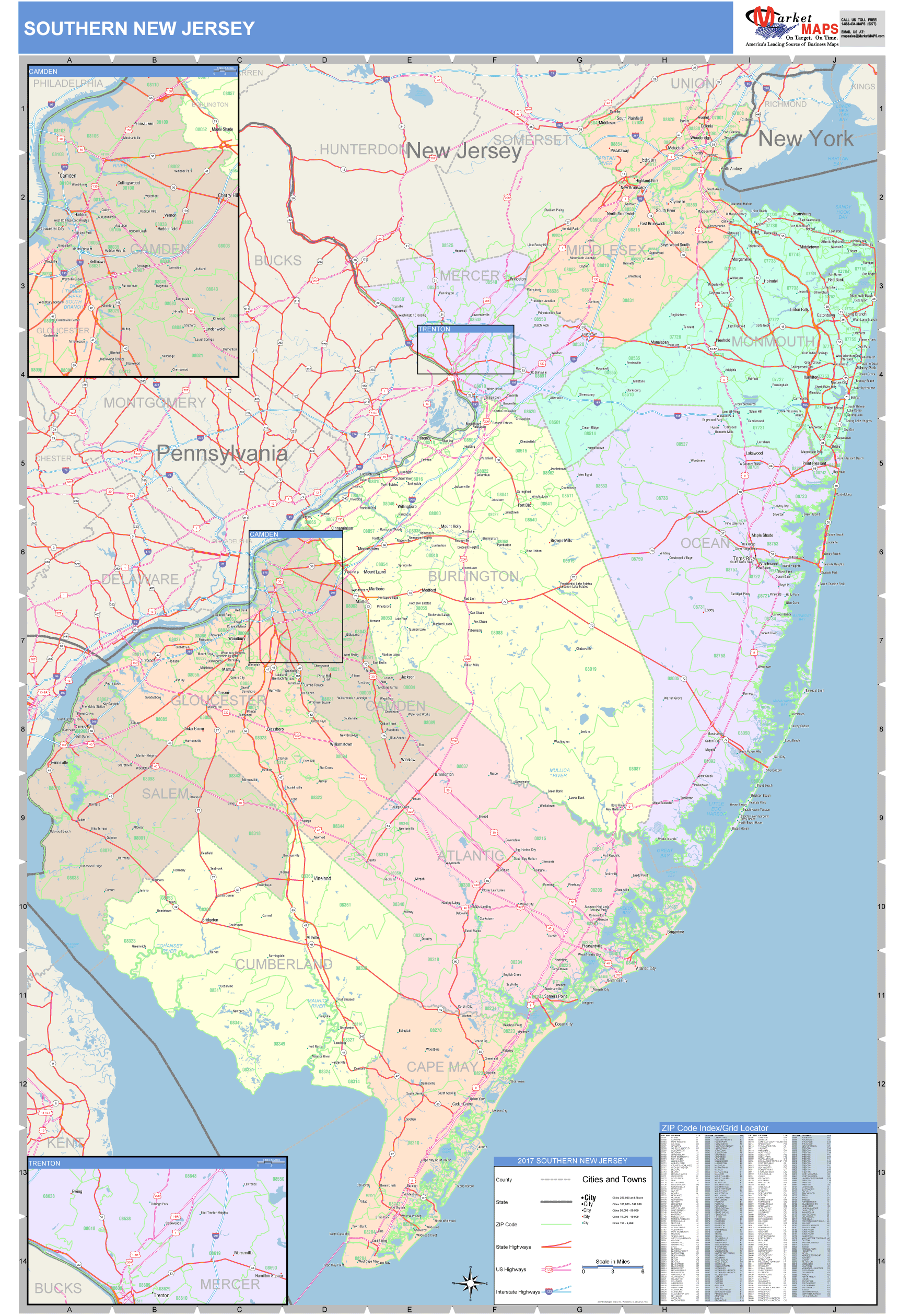 New Jersey Southern Wall Map Color Cast Style by MarketMAPS