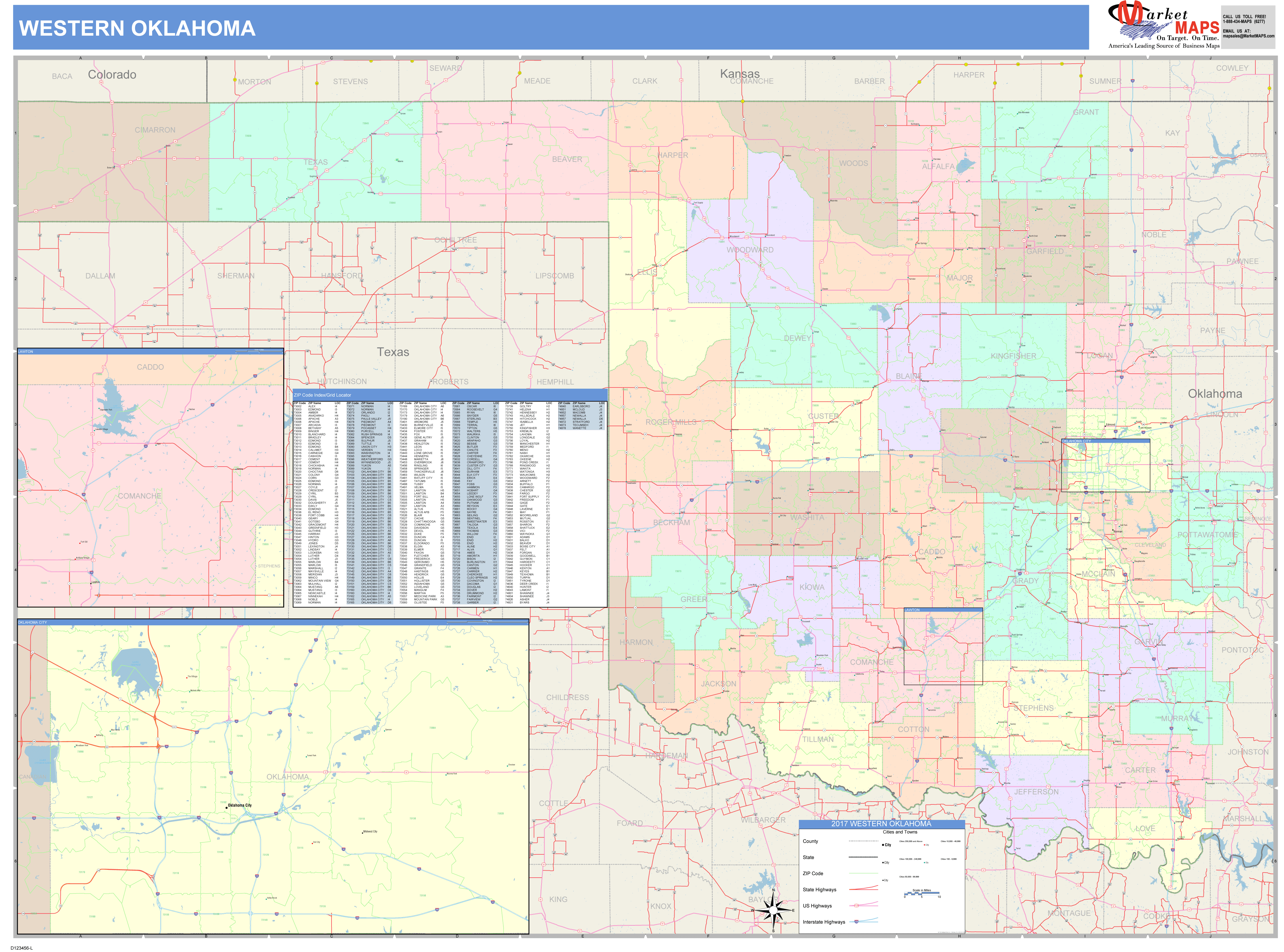 Oklahoma Western Wall Map Color Cast Style by MarketMAPS MapSales