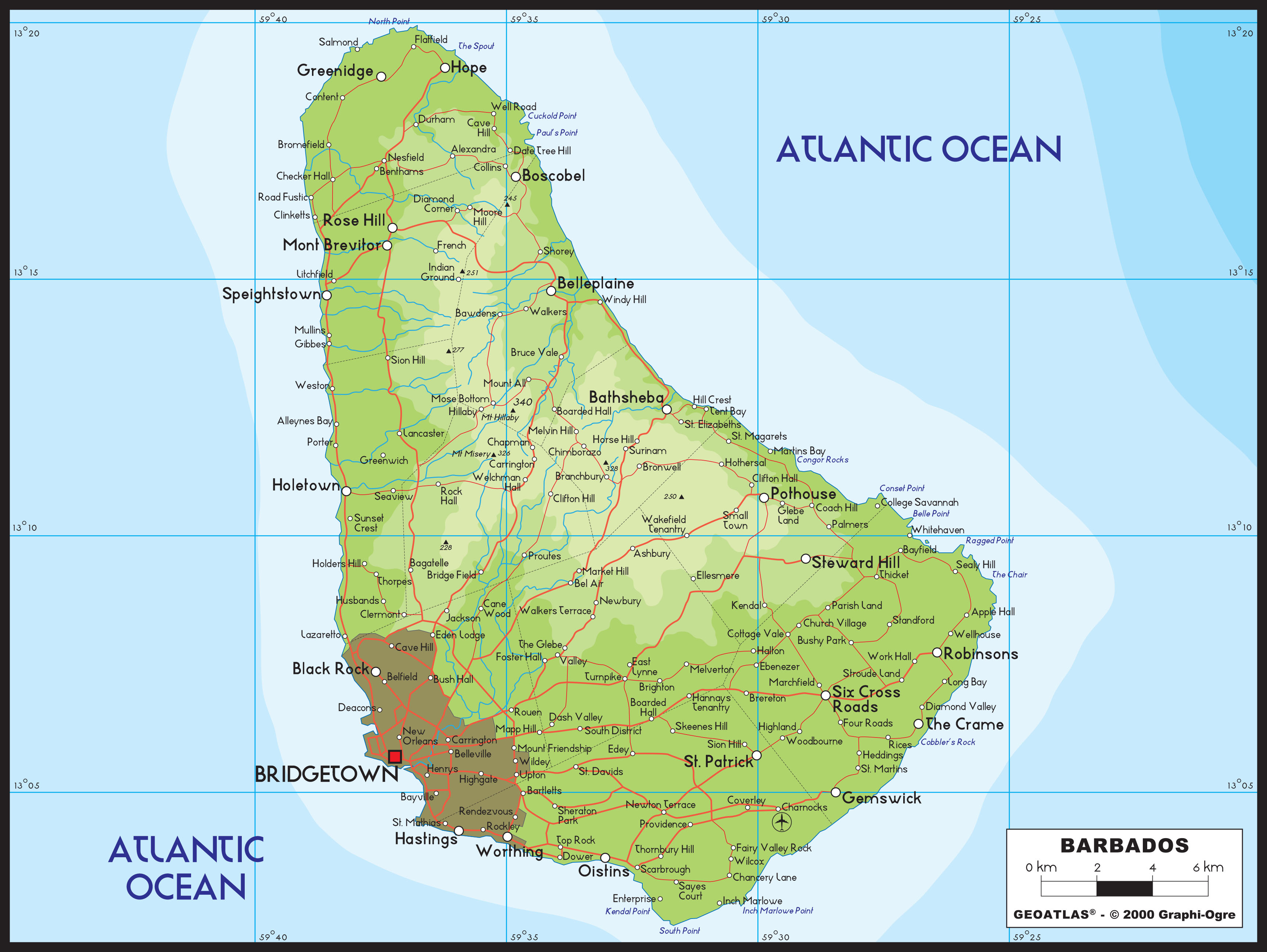 Barbados Physical Wall Map by GraphiOgre MapSales