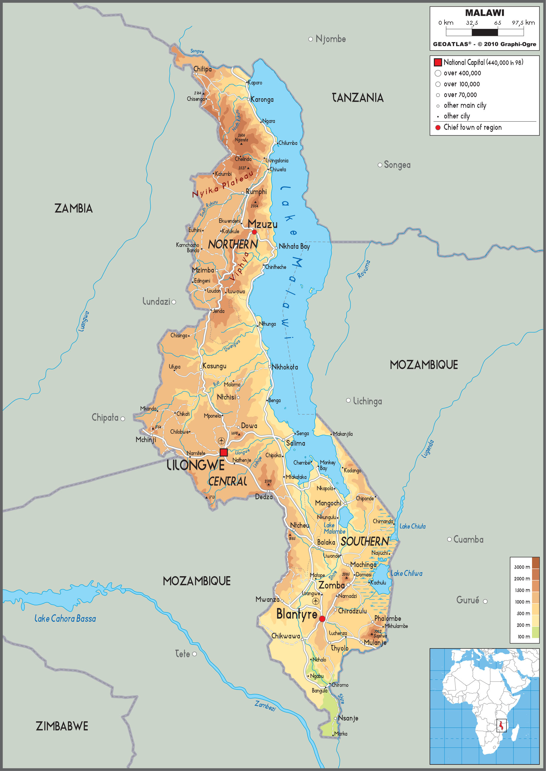 Malawi Physical Wall Map by GraphiOgre - MapSales