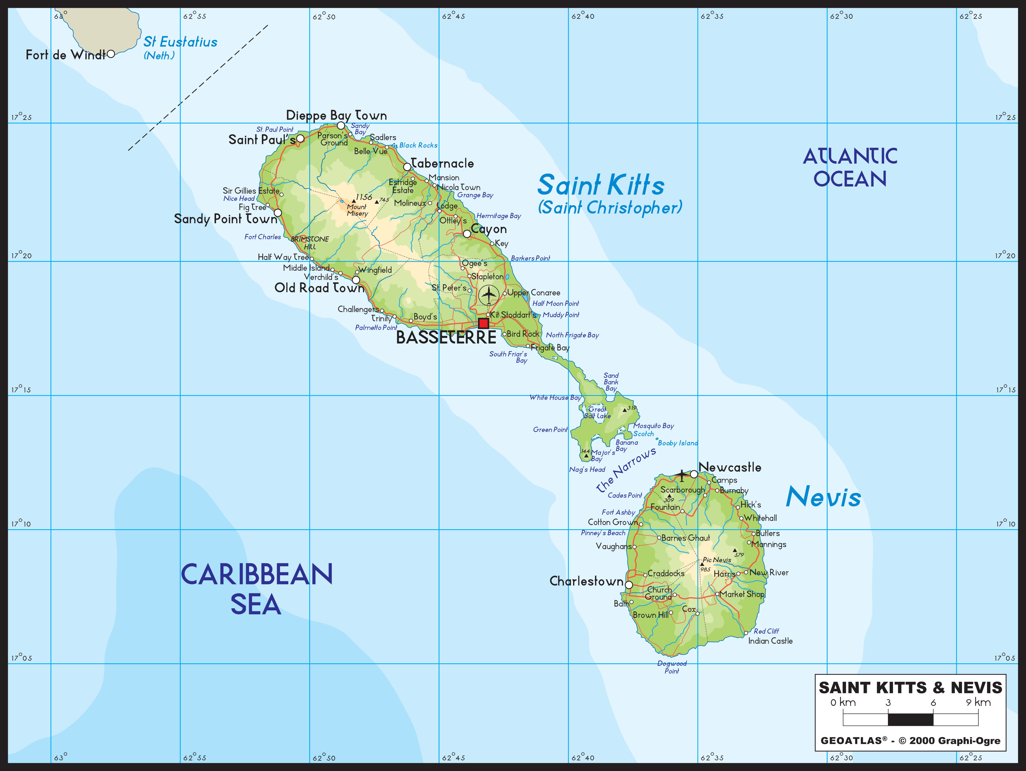 St Kitts Nevis Physical Wall Map by GraphiOgre MapSales