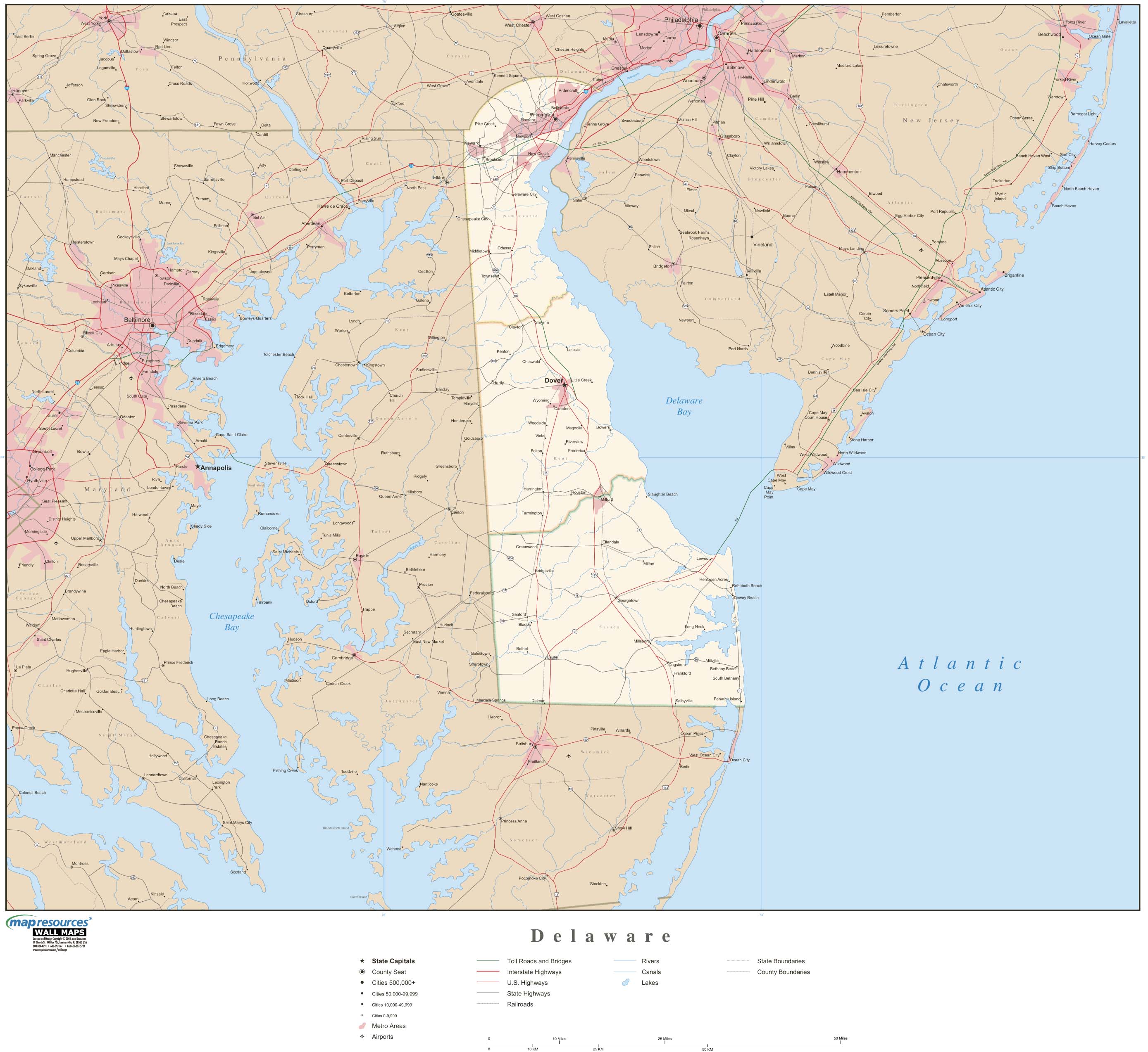 Laminated Map Large Detailed Roads And Highways Map Of Delaware State