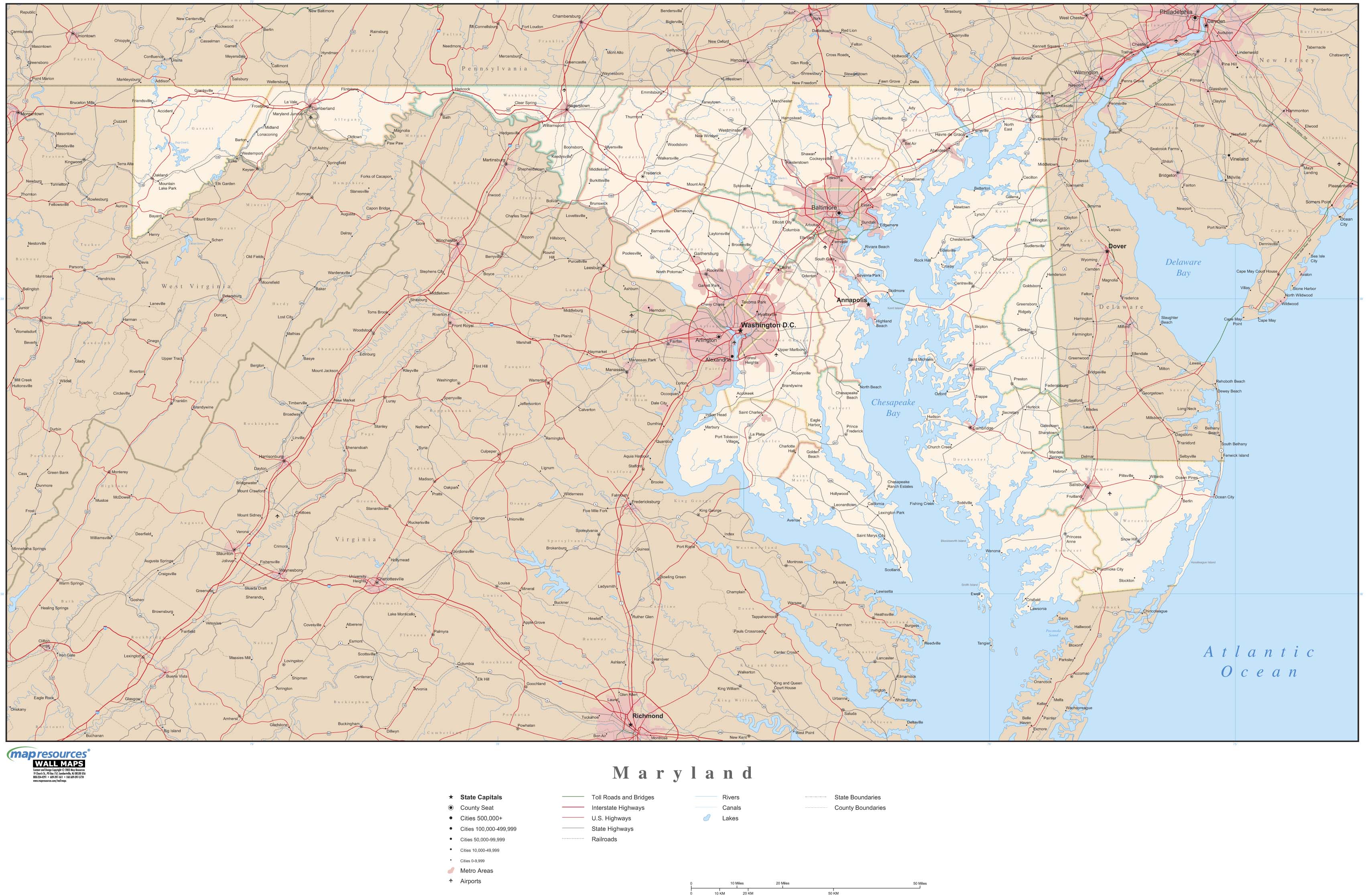Maryland Wall Map with Roads by Map Resources MapSales