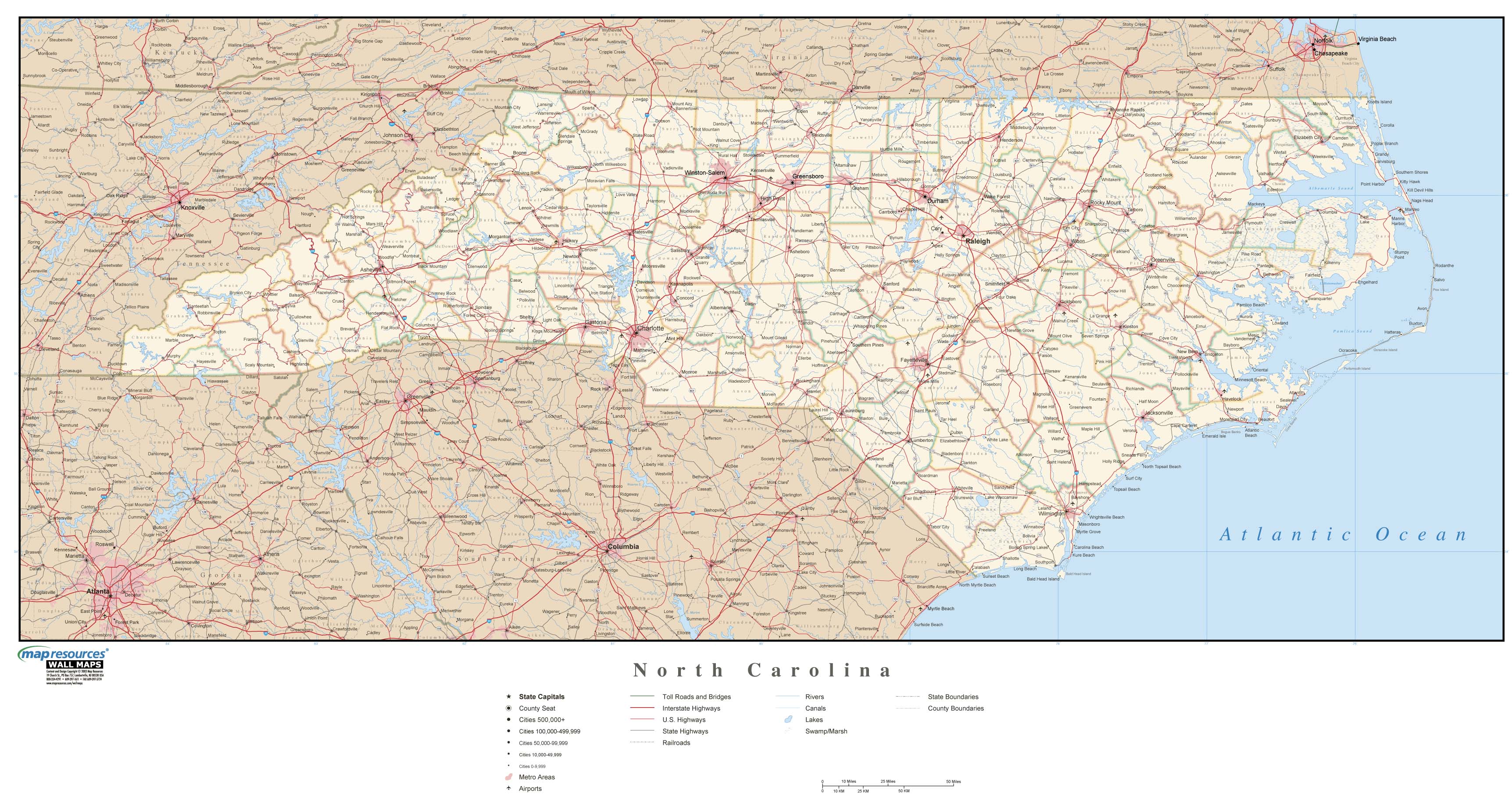 North Carolina Wall Map With Roads By Map Resources Mapsales