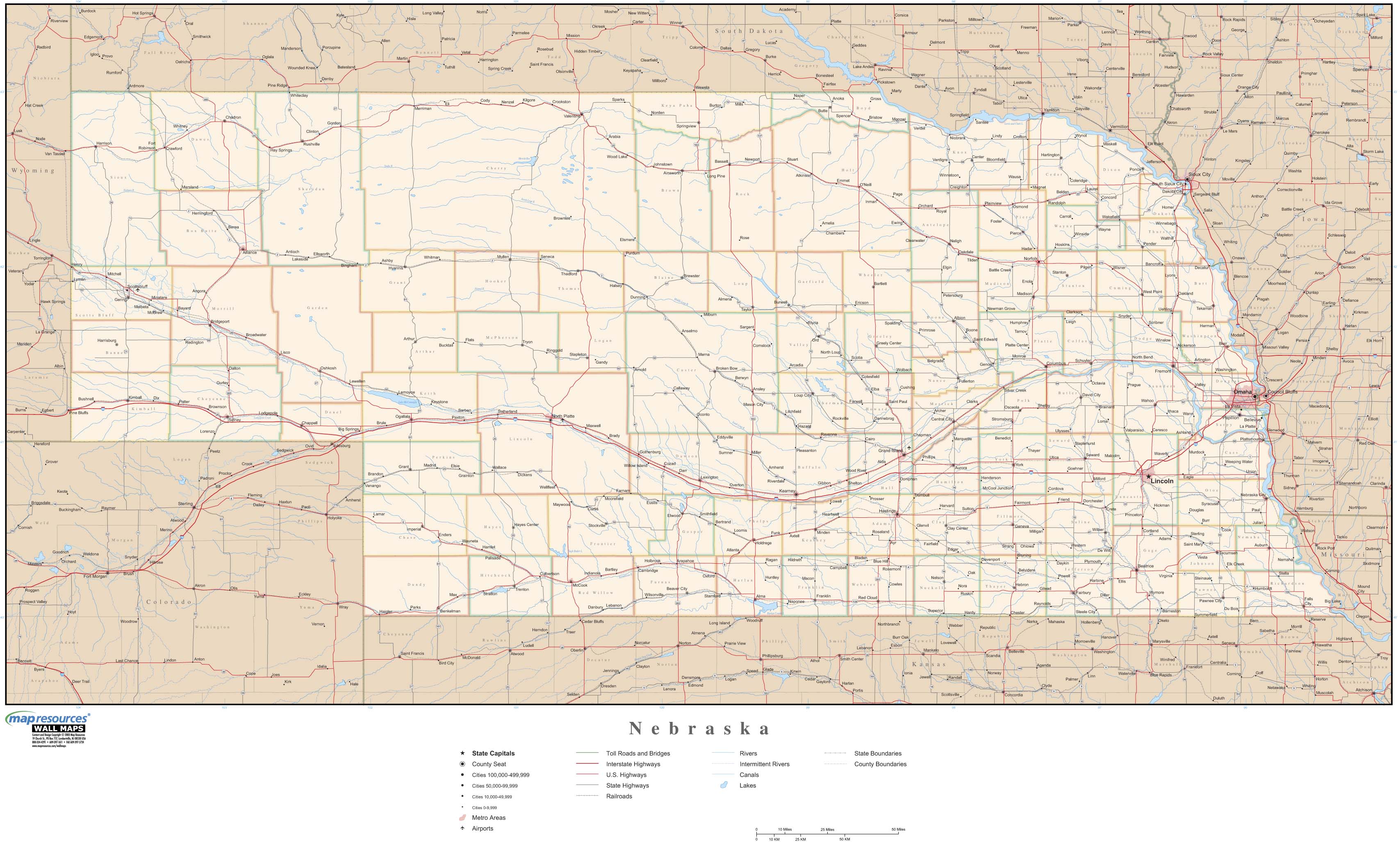 Nebraska Wall Map with Roads by Map Resources MapSales