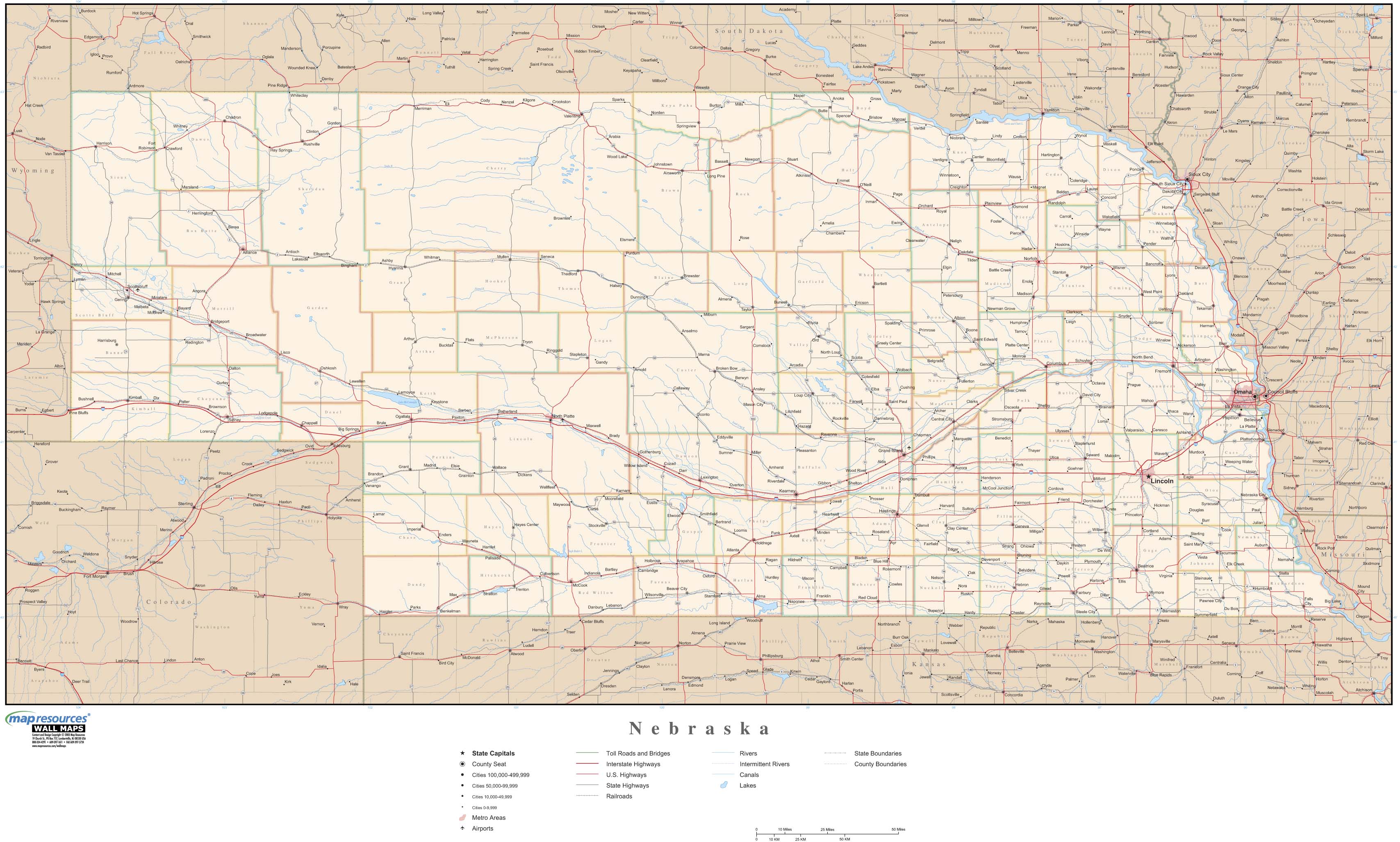 Nebraska Wall Map With Roads By Map Resources Mapsales