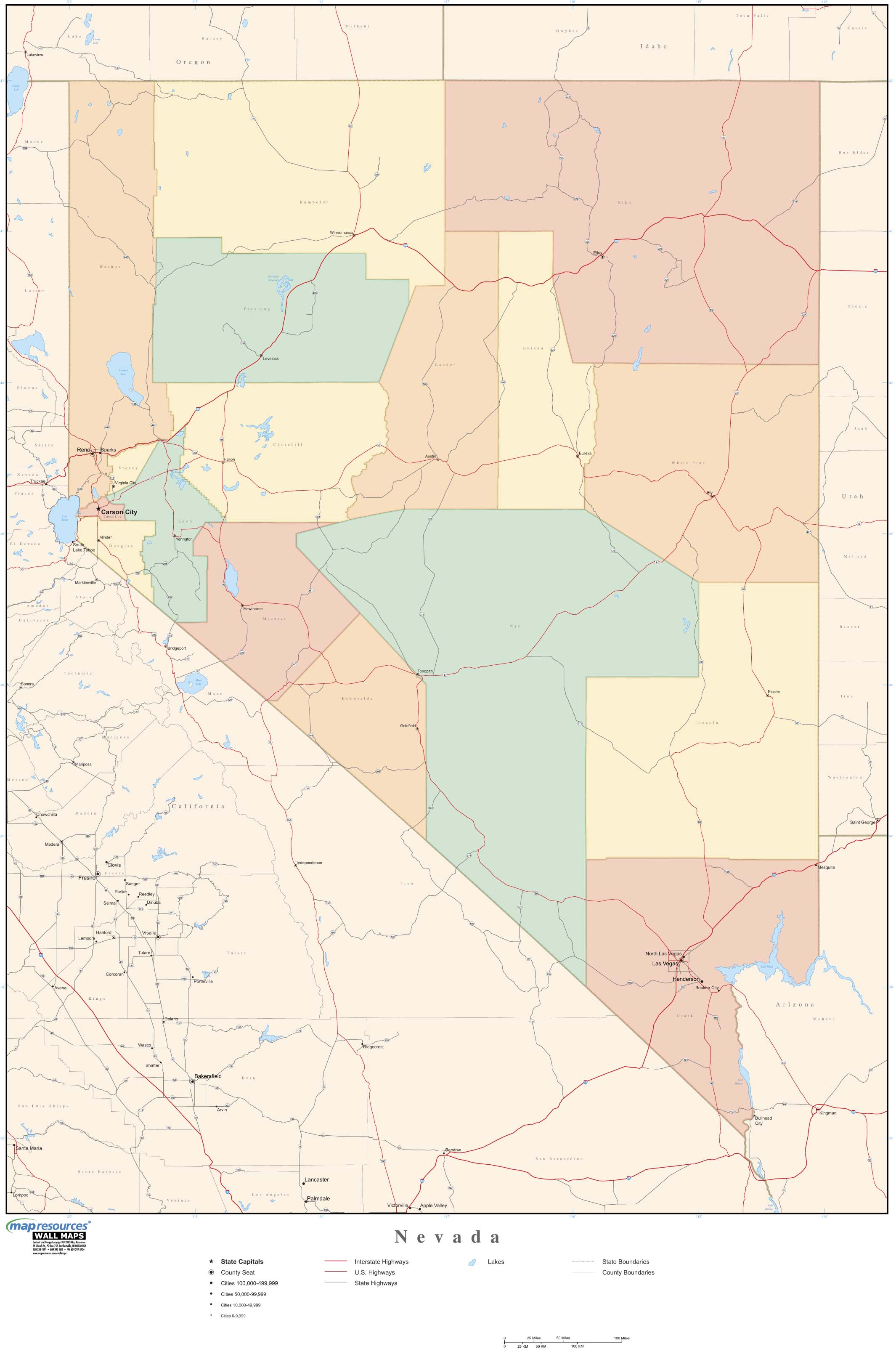 Nevada Wall Map with Counties by Map Resources MapSales