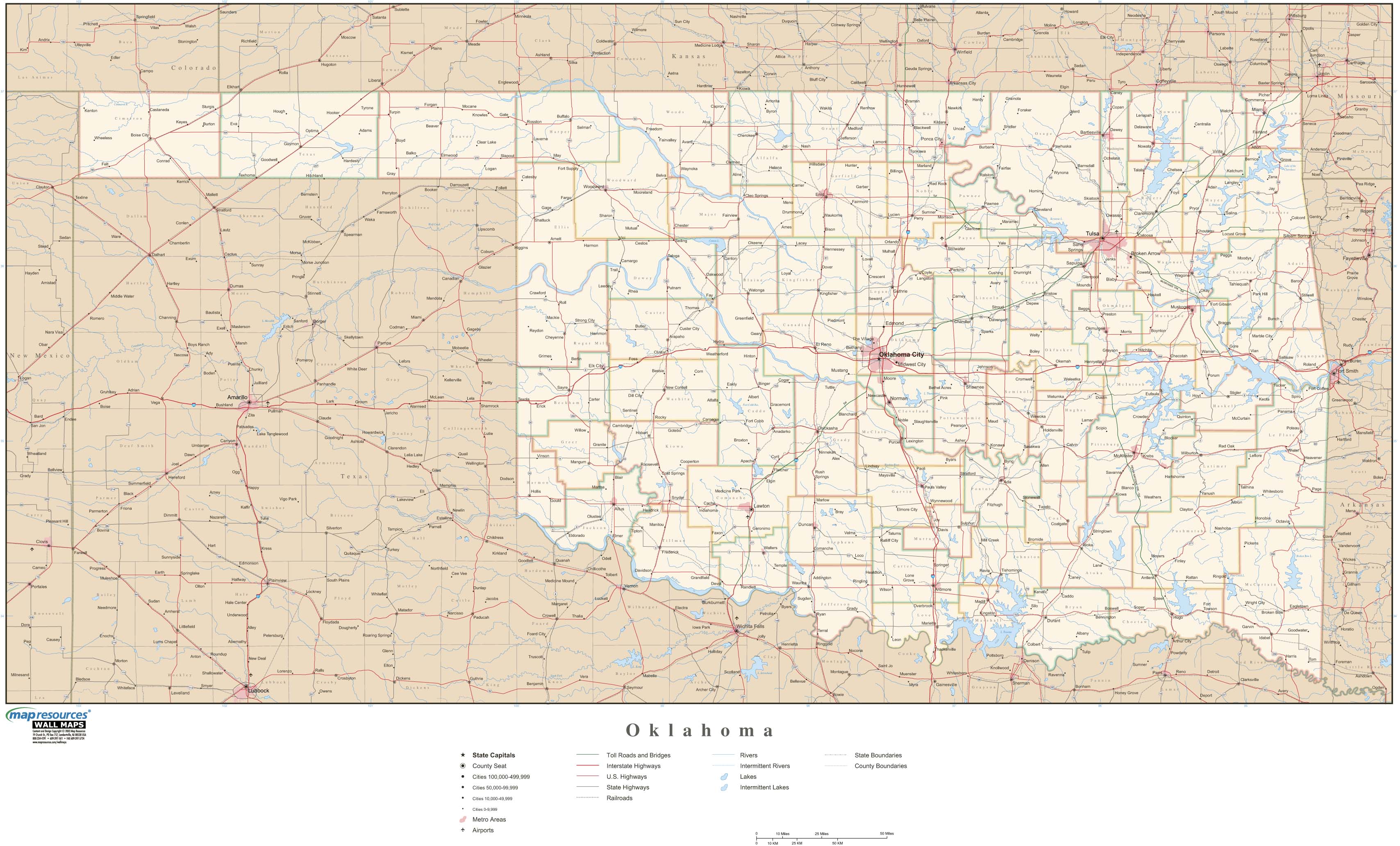 Oklahoma Wall Map with Roads