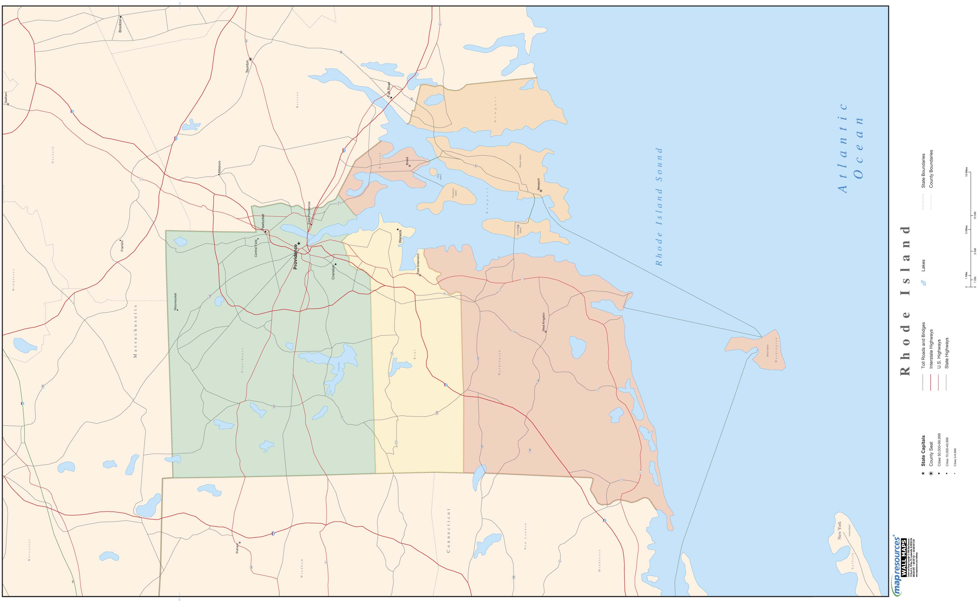 Rhode Island Wall Map with Counties by Map Resources - MapSales.com