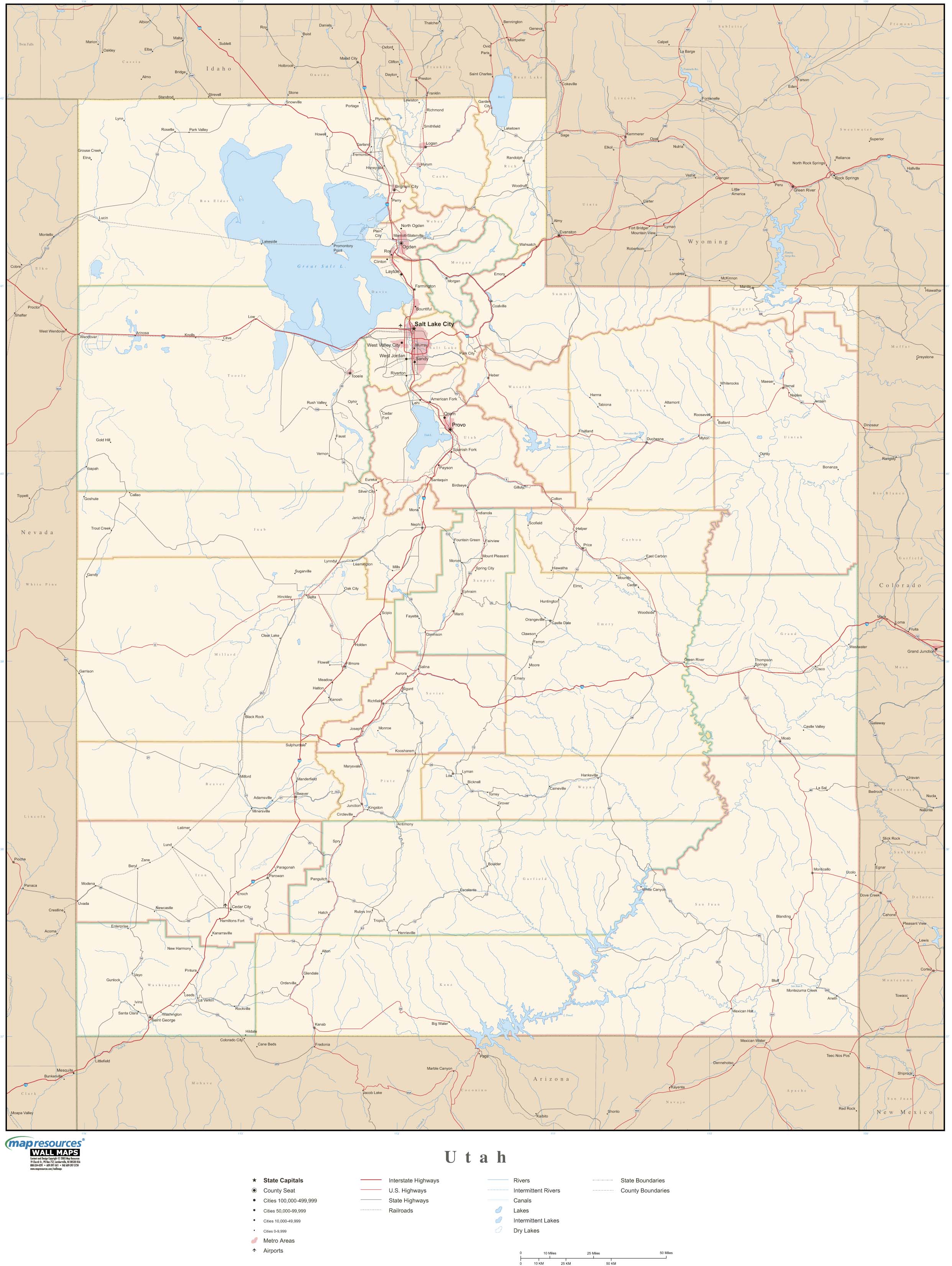 Utah Wall Map with Roads by Map Resources MapSales